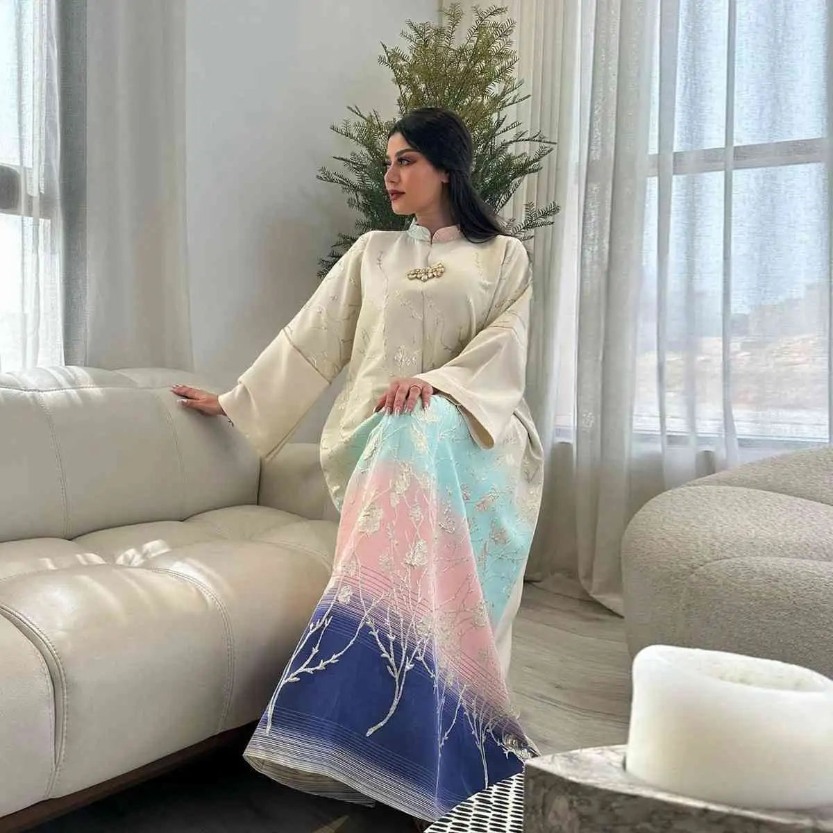 Elegant Eid Gradient Jacquard Dress for Muslim Women - Flowy Caftan Kaftan Dress & Jalabiya - Perfect for Eid Celebrations, Weddings, and Special Occasions