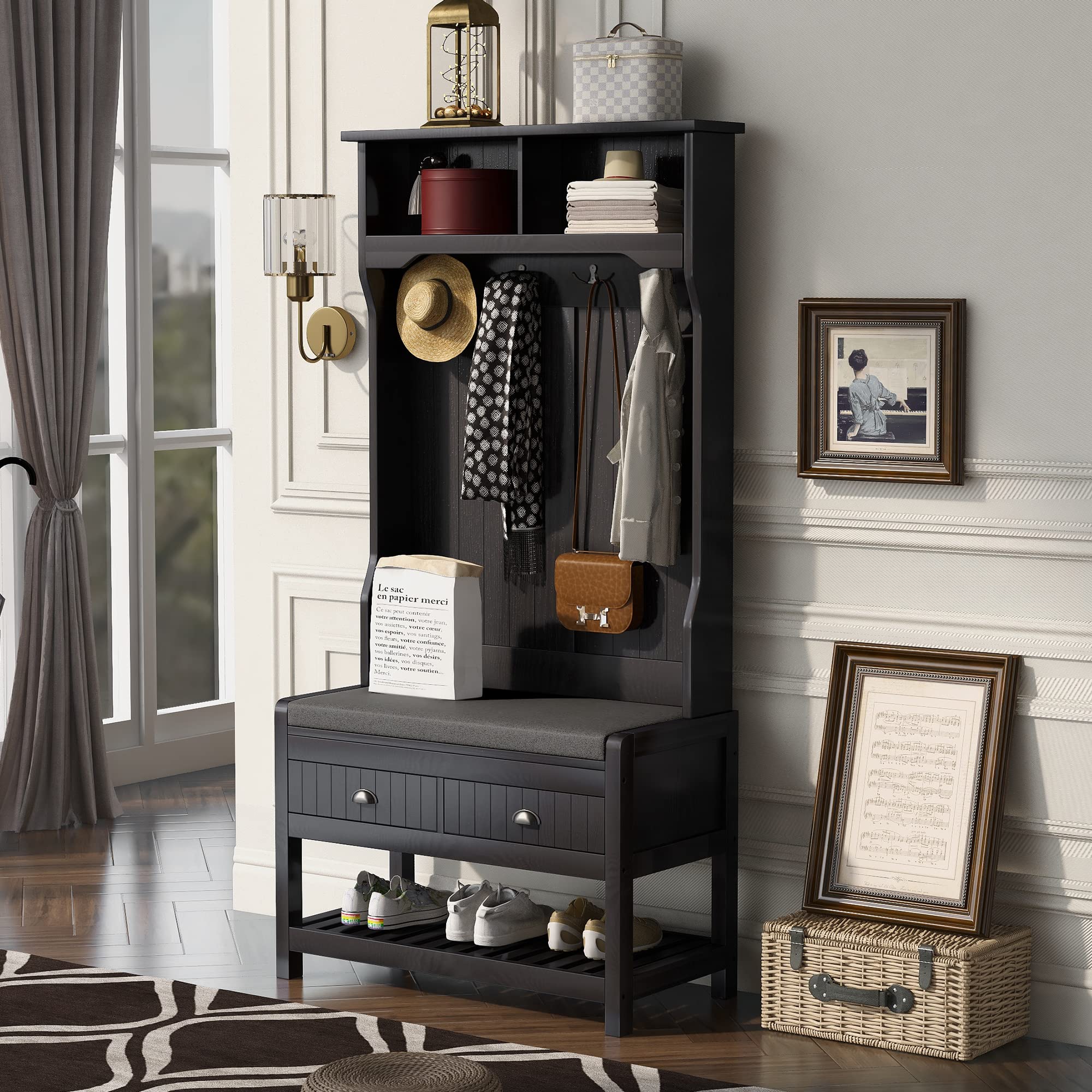4-in-1 Multifunctional Hall Tree with Shoe Storage Bench, Coat Rack & Cabinet - Entryway Organizer with 4 Hooks, Hinged Lid & Bottom Shelf - Perfect for Small Spaces, Apartments & Home Entryways (Black) - Ideal for Organizing Shoes, Coats, Bags & Accessories in Mudrooms, Foyers & Hallways