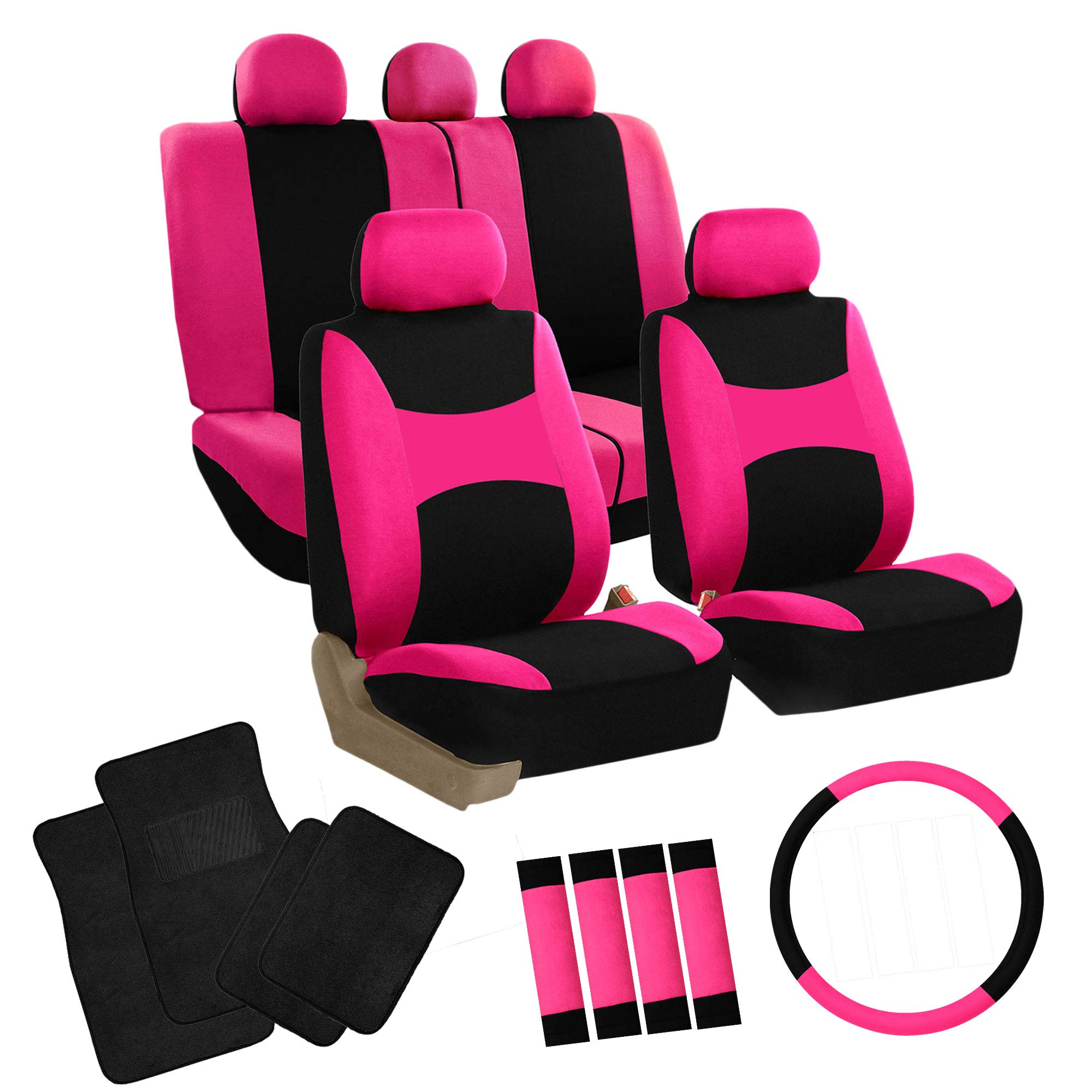 FH Group Universal Car Seat Covers with Airbag Compatibility - Full Set Includes Seat Protectors & Carpet Floor Mats | Split Rear Design, Breathable Flat Cloth (Pink) | Perfect for SUVs, Sedans & Trucks | Interior Protection & Comfort Upgrade