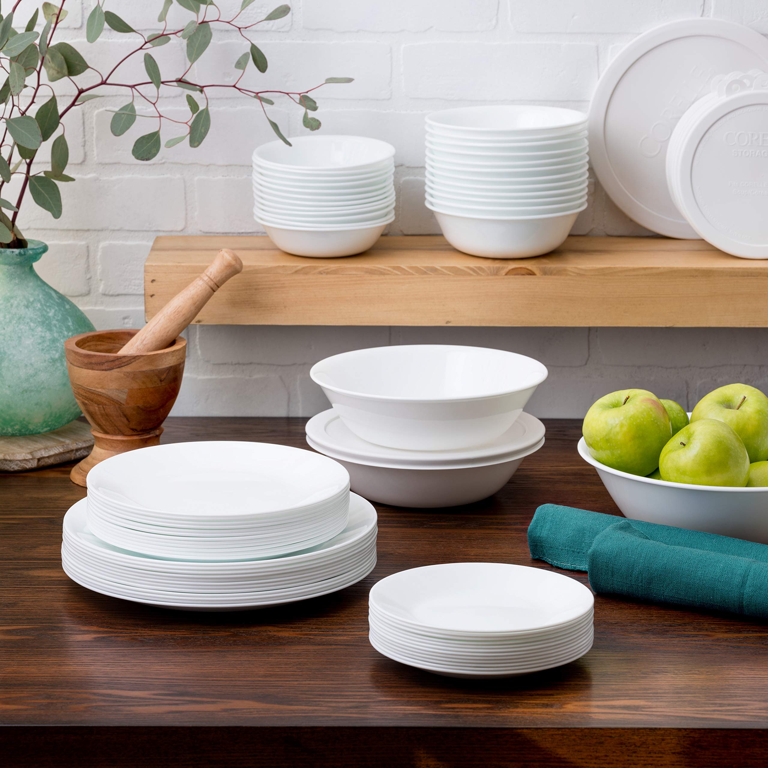 Corelle Vitrelle 78-Piece Dinnerware Set for 12 - Triple Layer Glass, Chip Resistant, Lightweight Round Plates & Bowls in Winter Frost White - Perfect for Family Dinners, Entertaining Guests & Everyday Use