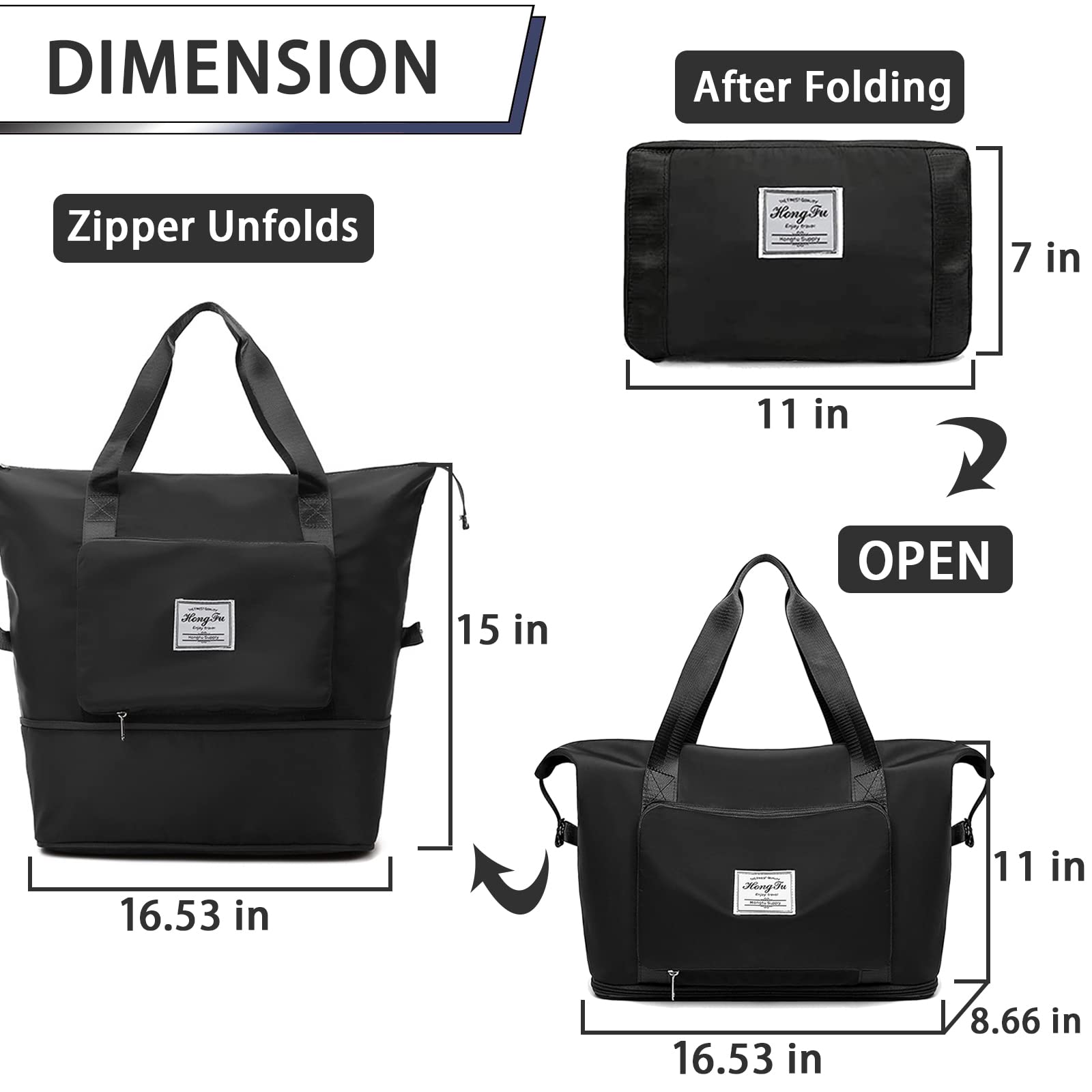 Expandable Travel Duffel Bag for Women - Waterproof Weekender Overnight Bag, Carry On Gym & Sports Tote with Foldable Design (Black) | Perfect for Weekend Getaways, Gym Workouts & Airplane Travel