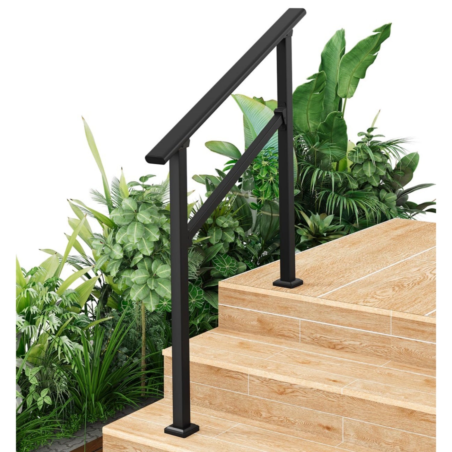 GARVEE 3-Step Outdoor Metal Handrail - Black Finish Stair Railing for Steps, Porch, Deck & Patio Safety