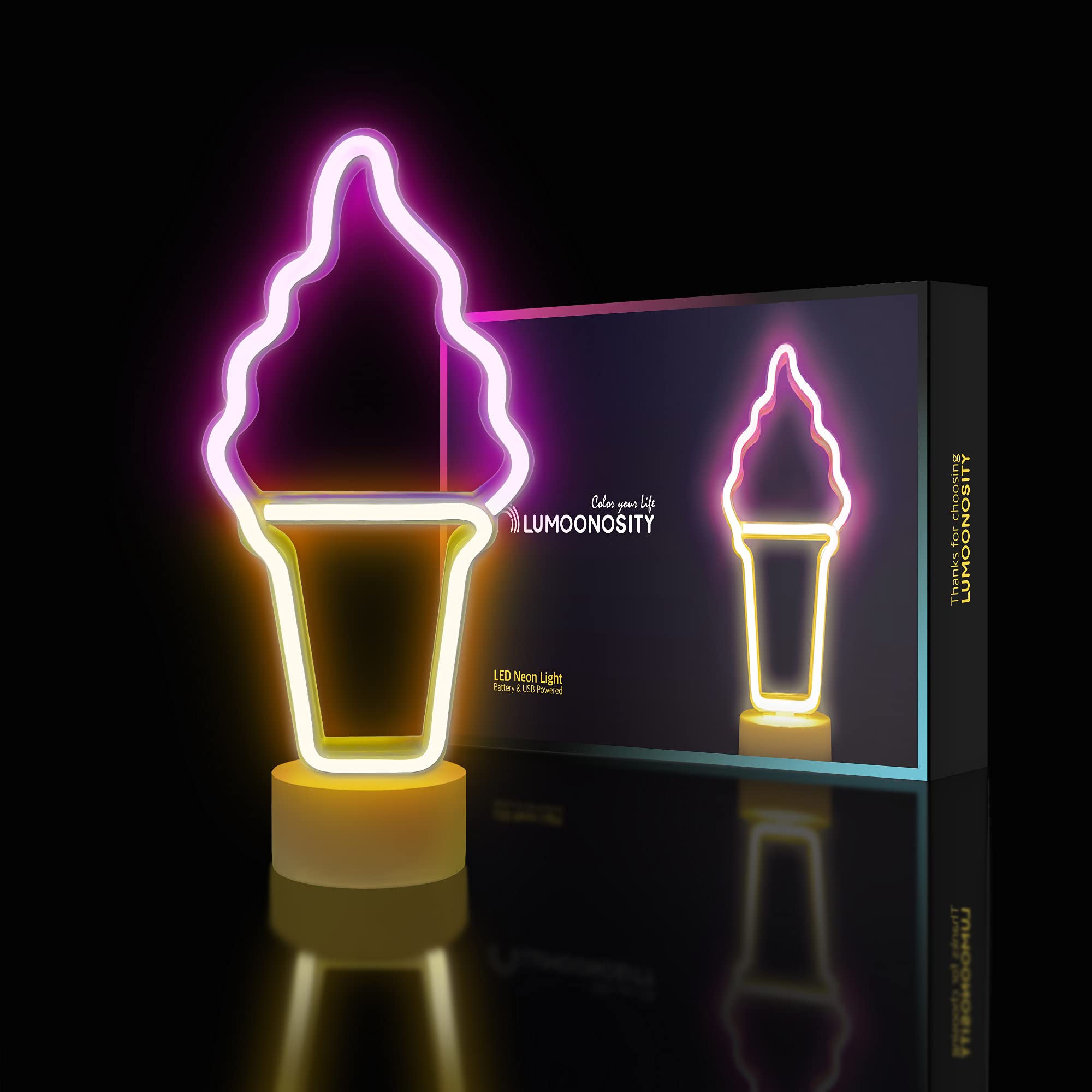 Lumoonosity Ice Cream Neon Sign - Battery/USB Powered Ice Cream Shaped Night Light for Bedroom, Kitchen, Cafe Decor - Pink & Yellow Ice Cream Cone LED Light with Stand - Perfect for Parties, Home Decor, and Ice Cream Shop Displays