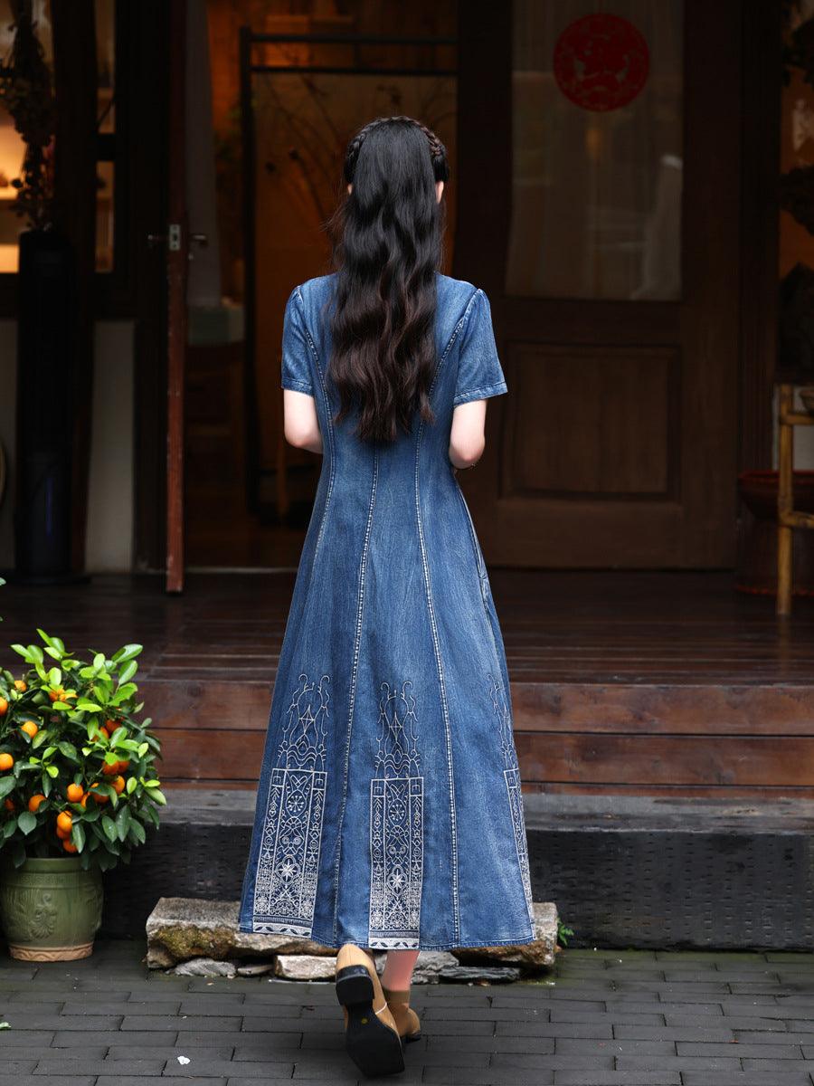 Women's French Blue Square Neck Cotton Denim Dress - Casual Summer Midi Dress for Beach, Brunch & Date Nights