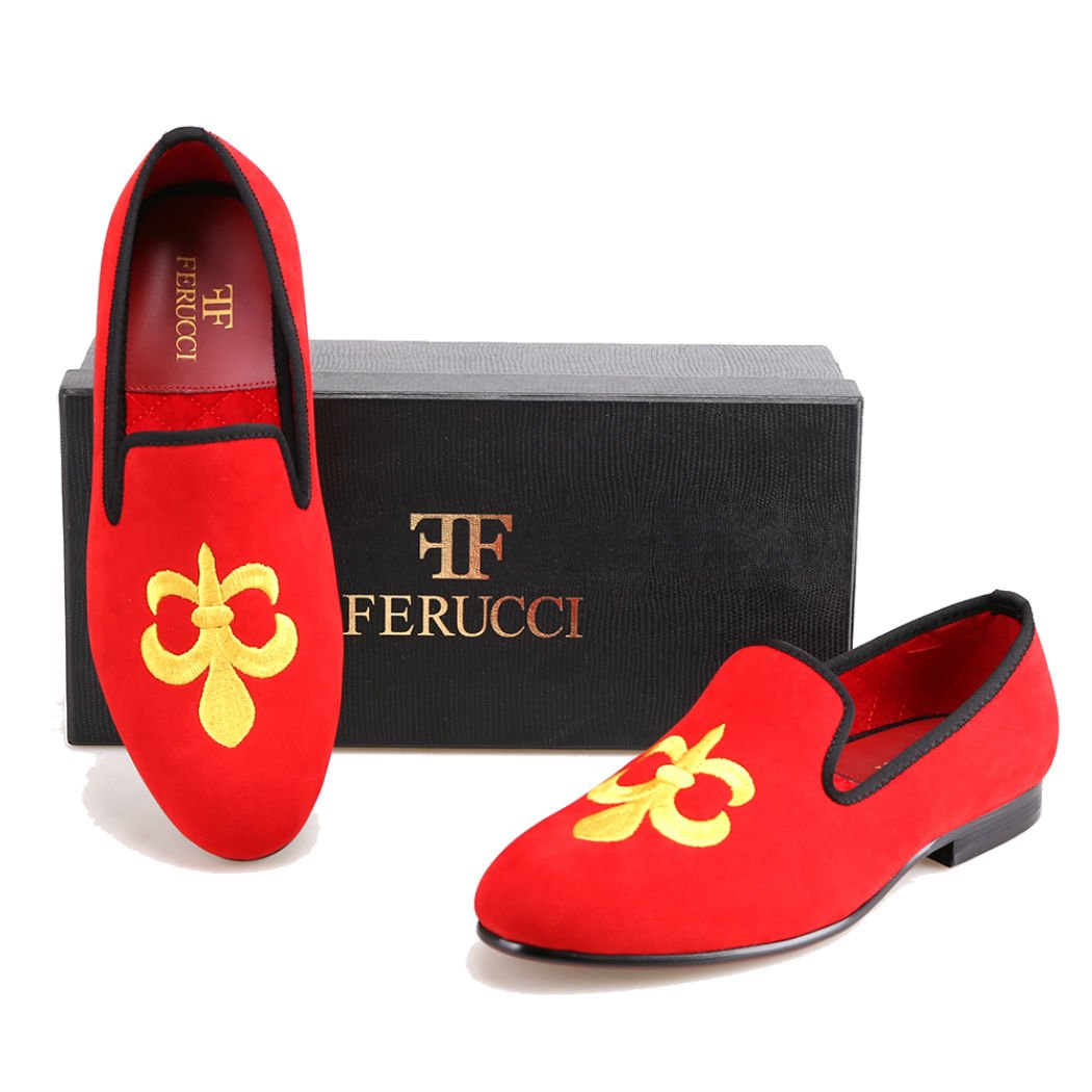 FERUCCI Handmade Men's Red Velvet Loafers with Gold Fleur de Lis - Luxurious Comfort for Home & Gifting | Perfect House Slippers for Christmas & Special Occasions