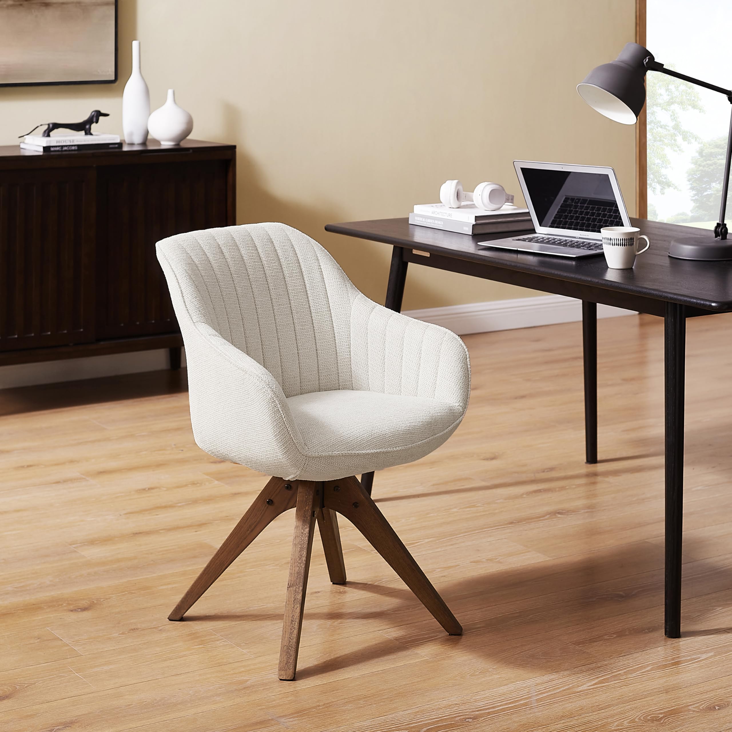 Art Leon Mid Century Modern Office Chair - No Wheels, Swivel Accent Chair with Oak Wood Legs & Fabric Upholstery in Ivory | Perfect for Home Office, Study Room & Reading Nook