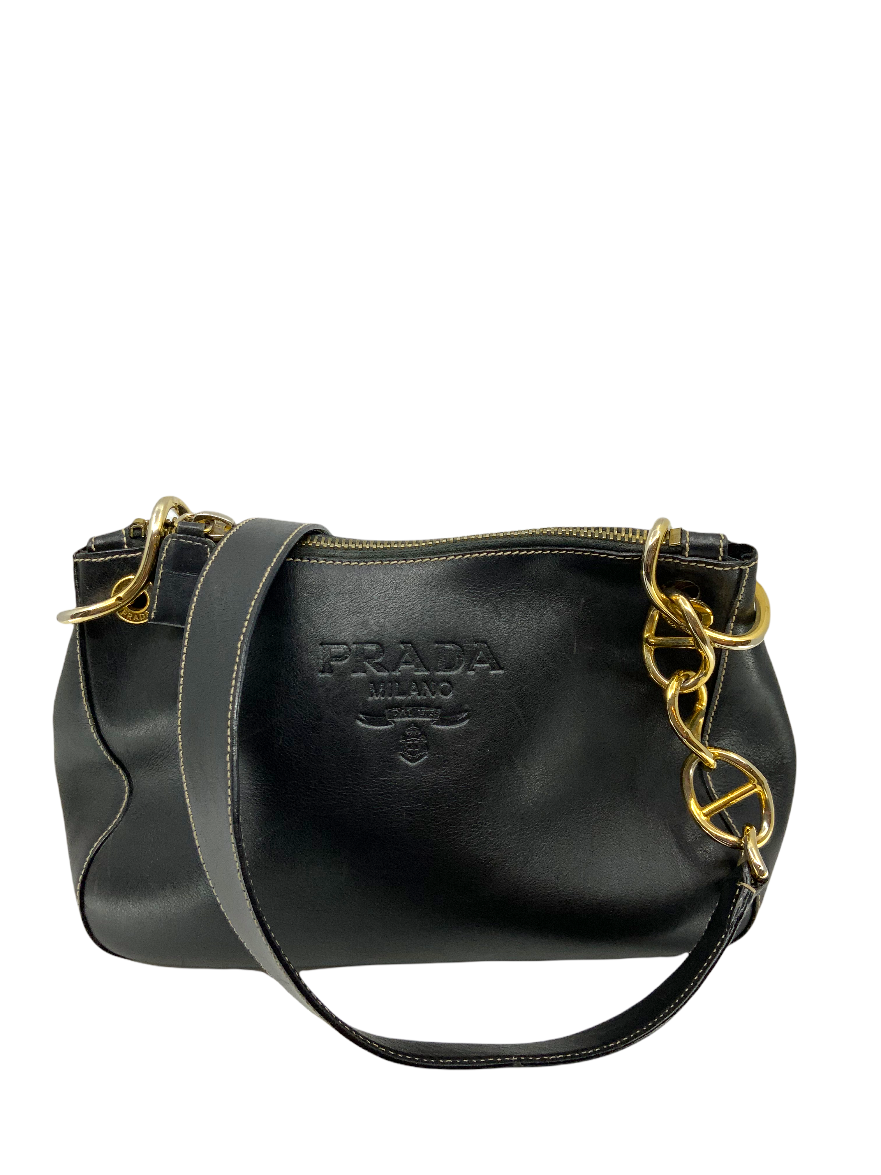 Prada Logo Embossed Leather Chain Link Shoulder Bag for Women | Luxury Designer Handbag | Perfect for Work, Evening Events & Everyday Use