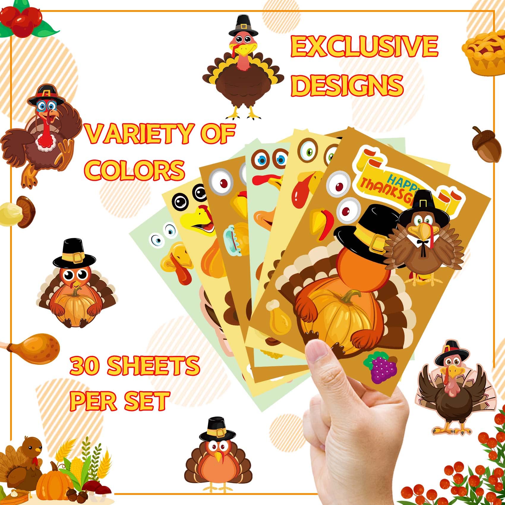 30pcs Thanksgiving Stickers for Kids - DIY Turkey Stickers, Fall Harvest Decorations for Classroom, Scrapbooking & Holiday Crafts | Perfect for Thanksgiving Party Favors, School Projects & Home Decor
