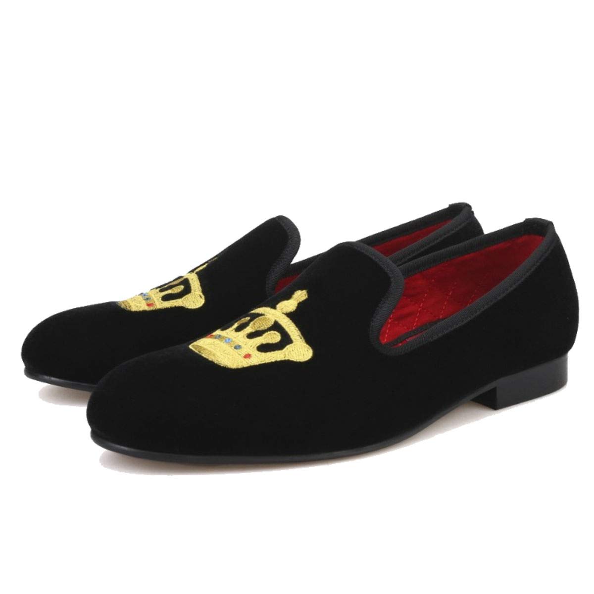 FERUCCI Handmade Men's Black Velvet Slippers - Comfortable Loafers with Gold Crown Design | Perfect for Indoor Relaxation & Luxury Home Wear