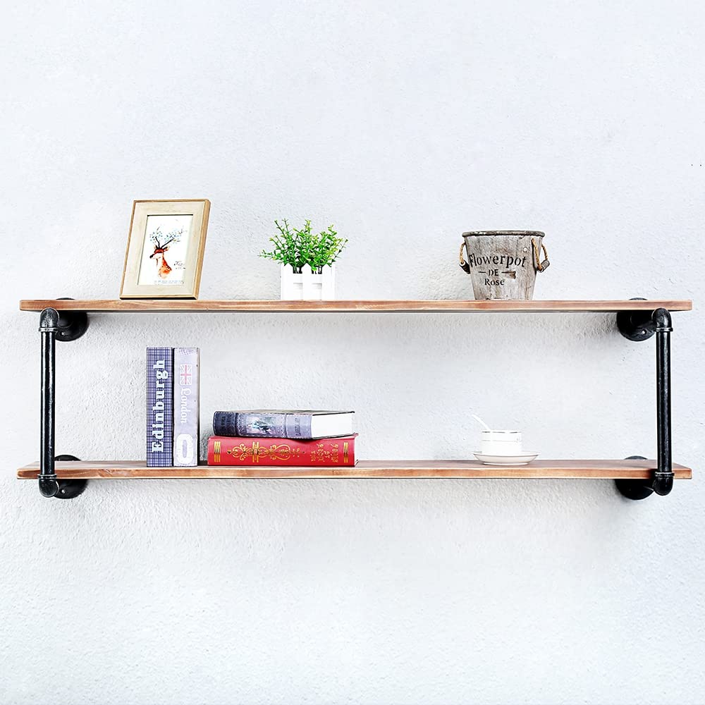 Industrial Pipe Floating Shelves for Wall - 48in 2-Tier Metal & Wood Wall Mounted Shelving - Perfect for Living Room, Bedroom, and Office Storage & Display