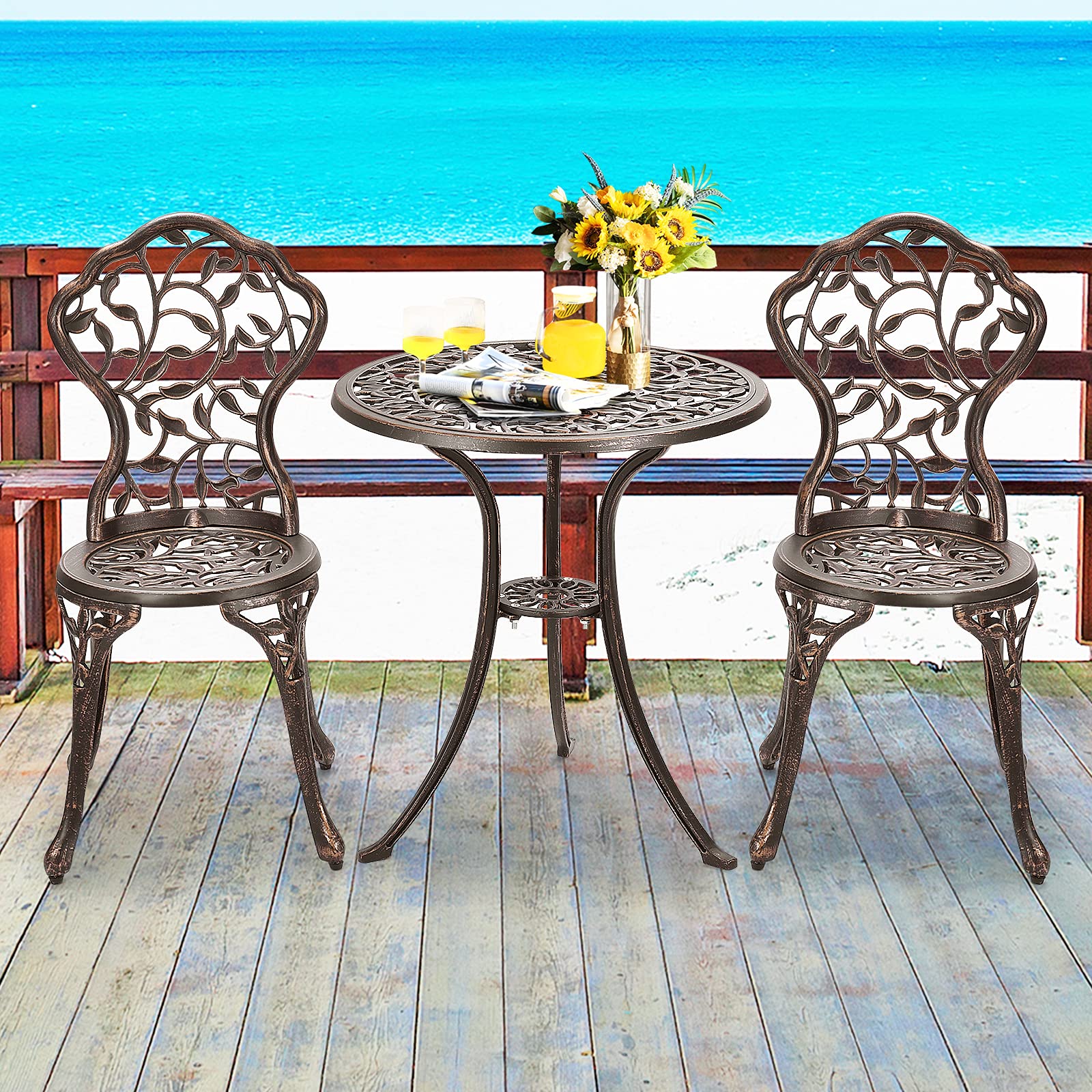 Tangkula 3-Piece Outdoor Bistro Set - Rust-Resistant Cast Aluminum Patio Furniture with Table & Chairs for Balcony, Backyard, Garden & Poolside - Perfect for Outdoor Dining, Lounging and Entertaining