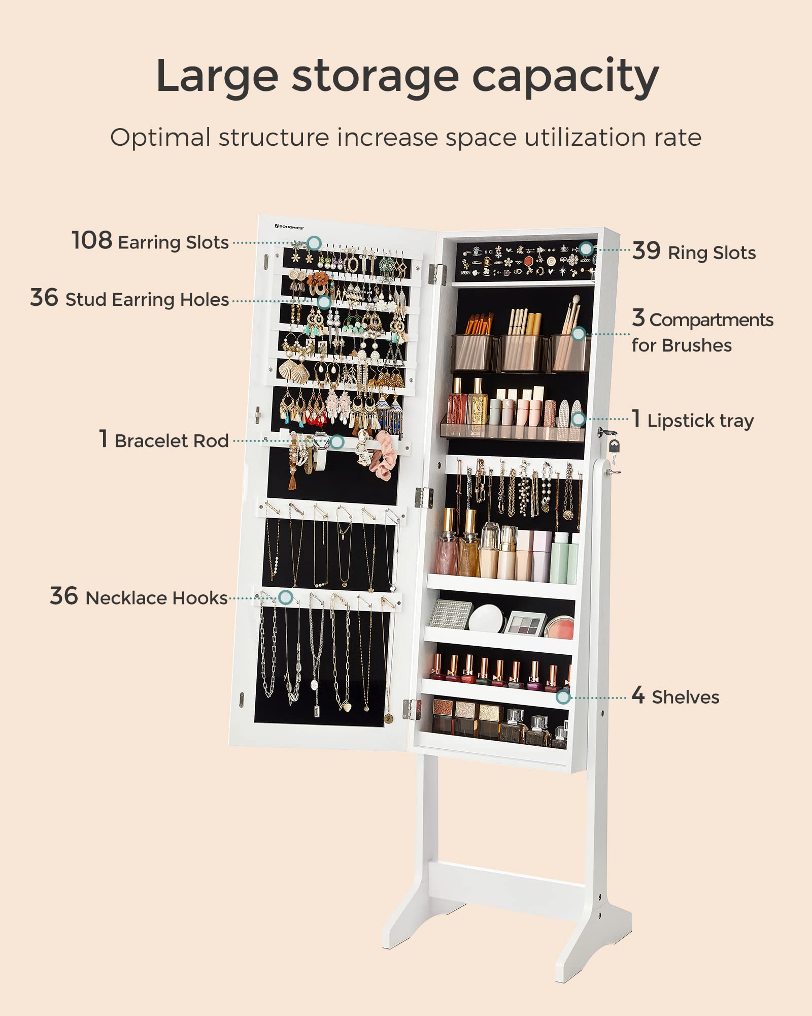 SONGMICS Jewelry Cabinet Armoire with Lock - Freestanding Jewelry Organizer with 2 Cosmetic Drawers & Full-Length Mirror - Necklace & Earring Storage - White UJJC002W01 - Perfect for Bedroom, Dressing Room & Closet Organization