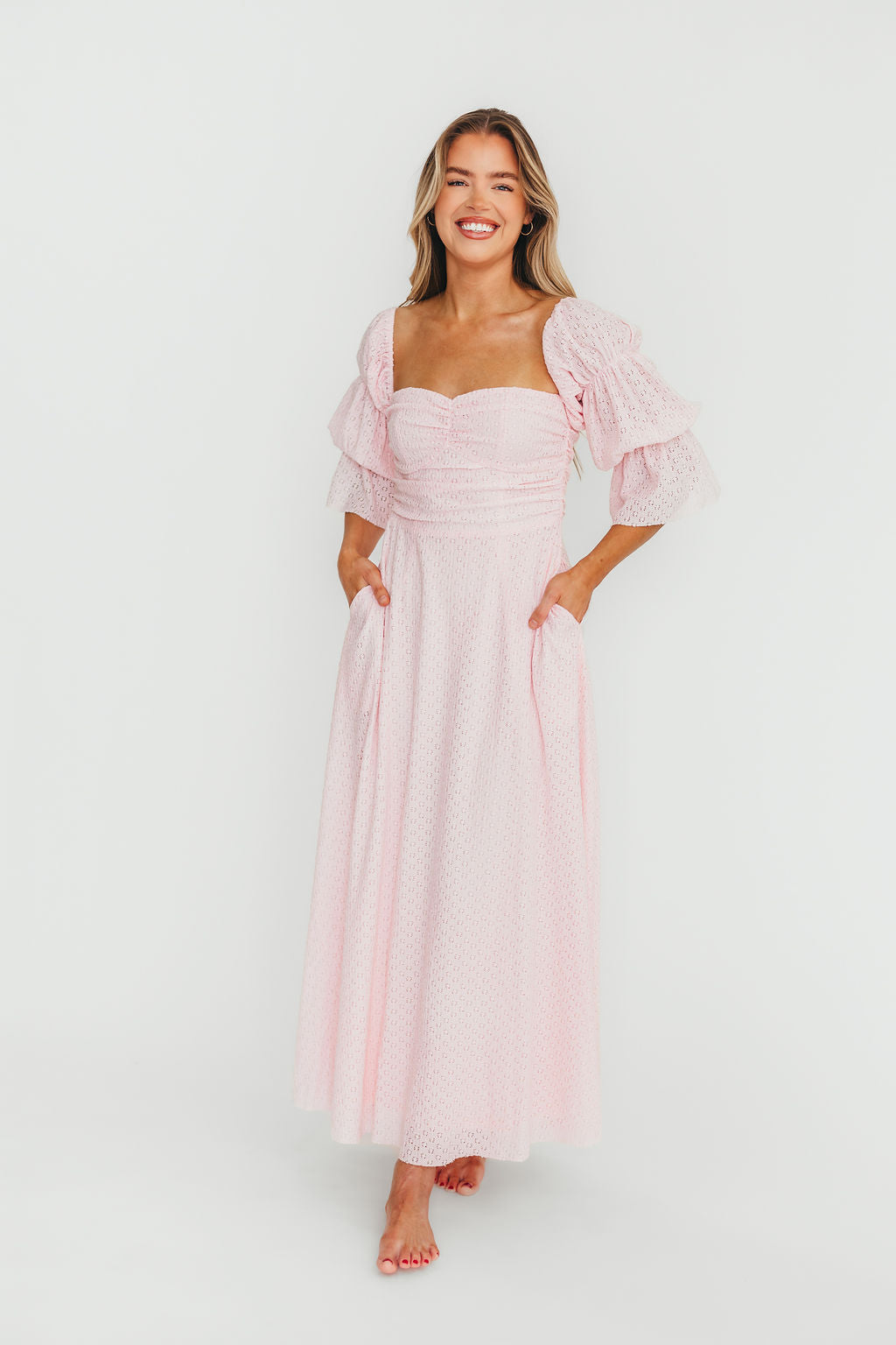 Corrine Tiered Sleeve Maxi Dress with Pockets - Baby Pink Maternity Dress | Bump Friendly & Comfortable for Pregnancy, Nursing, Special Occasions & Summer Weddings