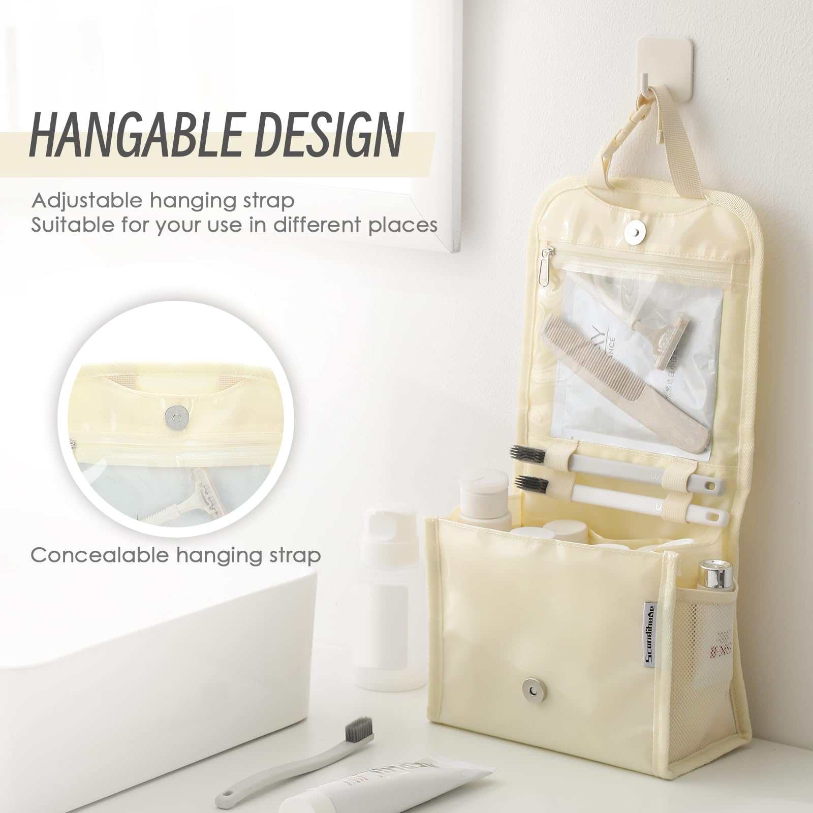 Waterproof Hanging Toiletry Bag for Women - Large Travel Cosmetic Organizer with Handle, Portable Makeup Bag for Full-Sized Toiletries (Beige) | Perfect for Travel, Gym, Camping & Daily Use