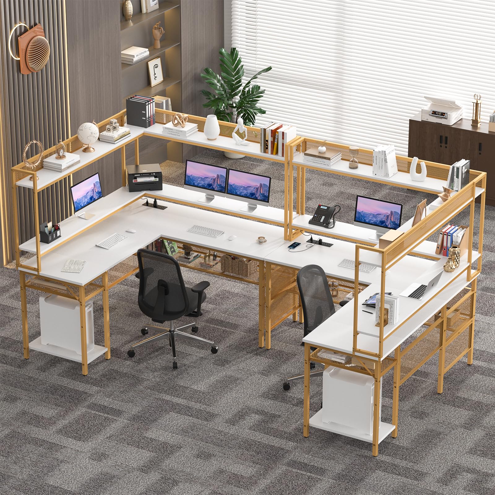 Unikito L-Shaped Gaming Desk with LED Lights - Reversible Computer Desk with Storage Shelves & Monitor Stand, Power Outlet - Industrial Style 2-Person Corner Desk for Home Office (White Oak) - Perfect for Gamers, Streamers & Remote Workers