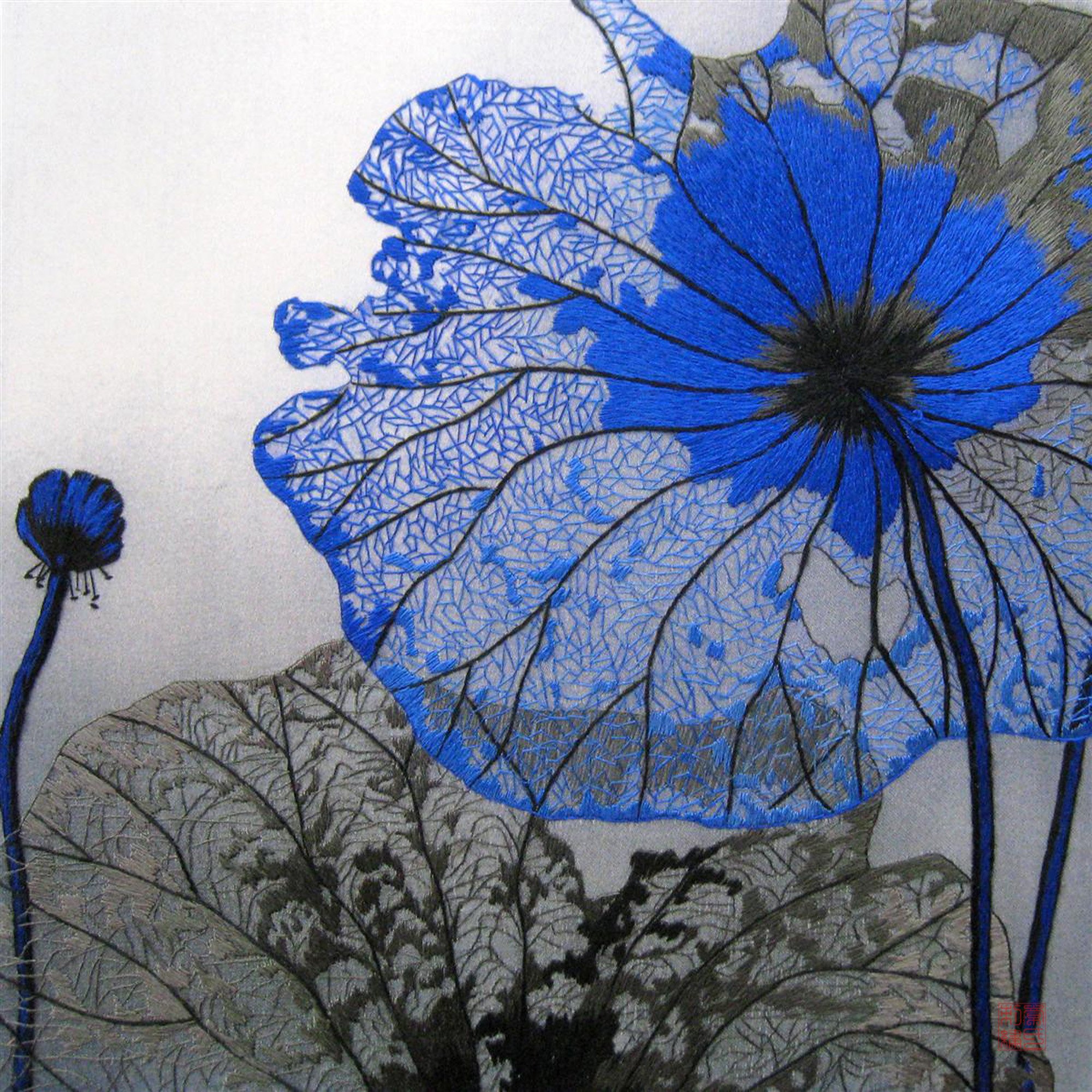 Handmade Blue Lotus Leaf Embroidery Art - Unique Home Decor for Living Room, Bedroom & Boho Style Interiors