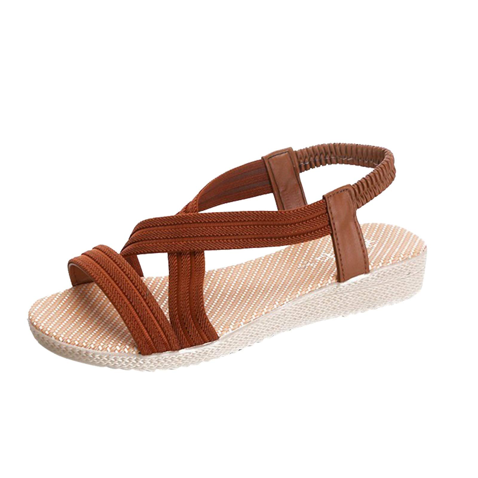 FAMOORE Women's Platform Sandals - Open Toe Cross Strap Flat Sandals with Non-Slip Sole for Beach, Vacation & Summer Outfits | Brown