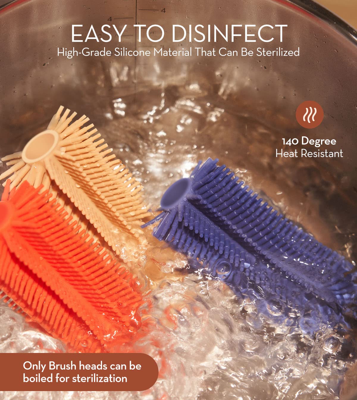 MOTHER-K Rotating Silicone Bottle Brush Set - 2-in-1 Cleaning Brush for Baby Bottles, Sports Water Bottles, Vases & Glassware - Safe & Durable Brown Silicone Scrubber for Easy Cleaning at Home or Travel