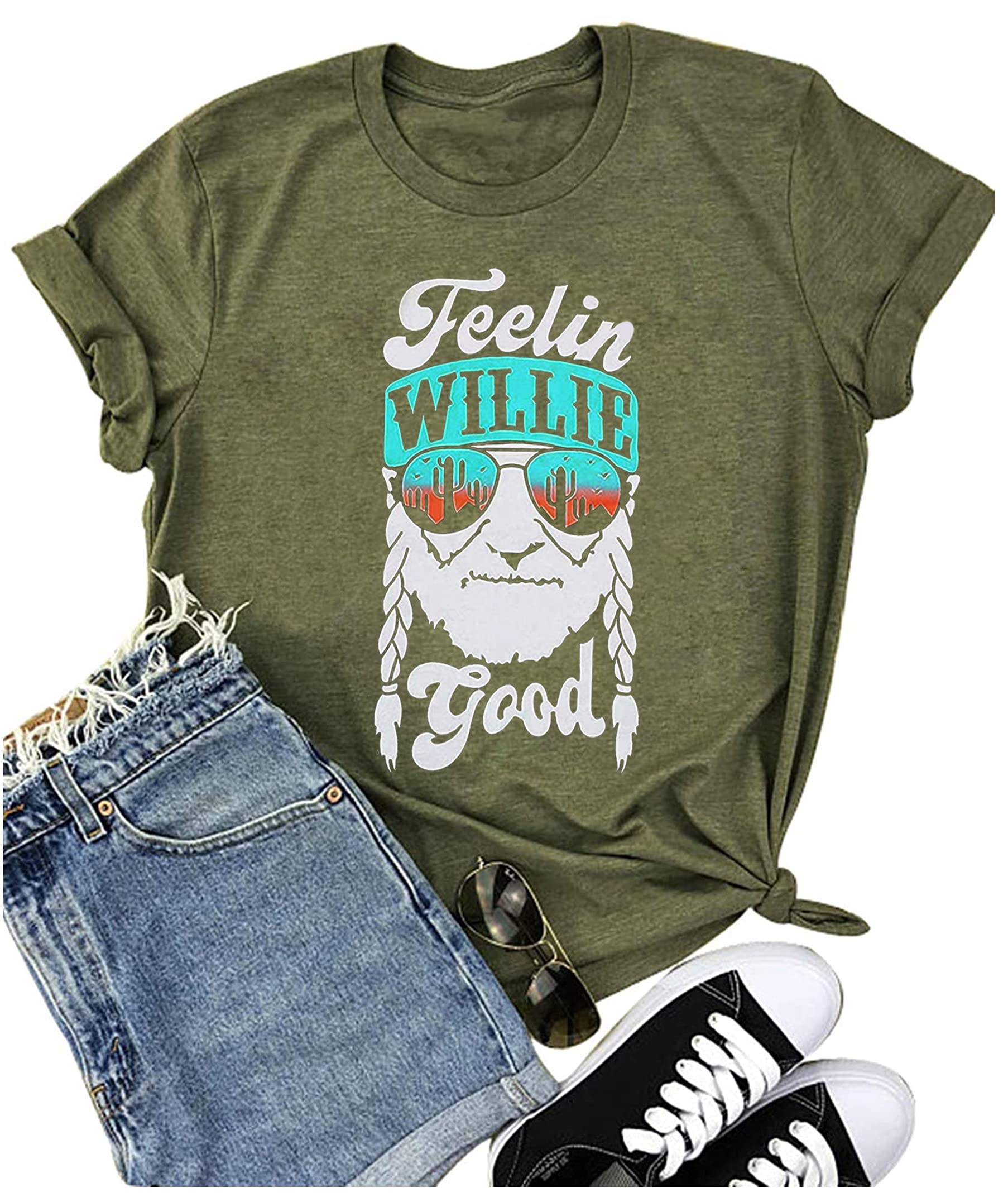Country Music T-Shirts for Women - Feelin' Willie Graphic Tee | Casual Short Sleeve Vacation Top | Summer Blouse for Concerts & Outdoor Activities