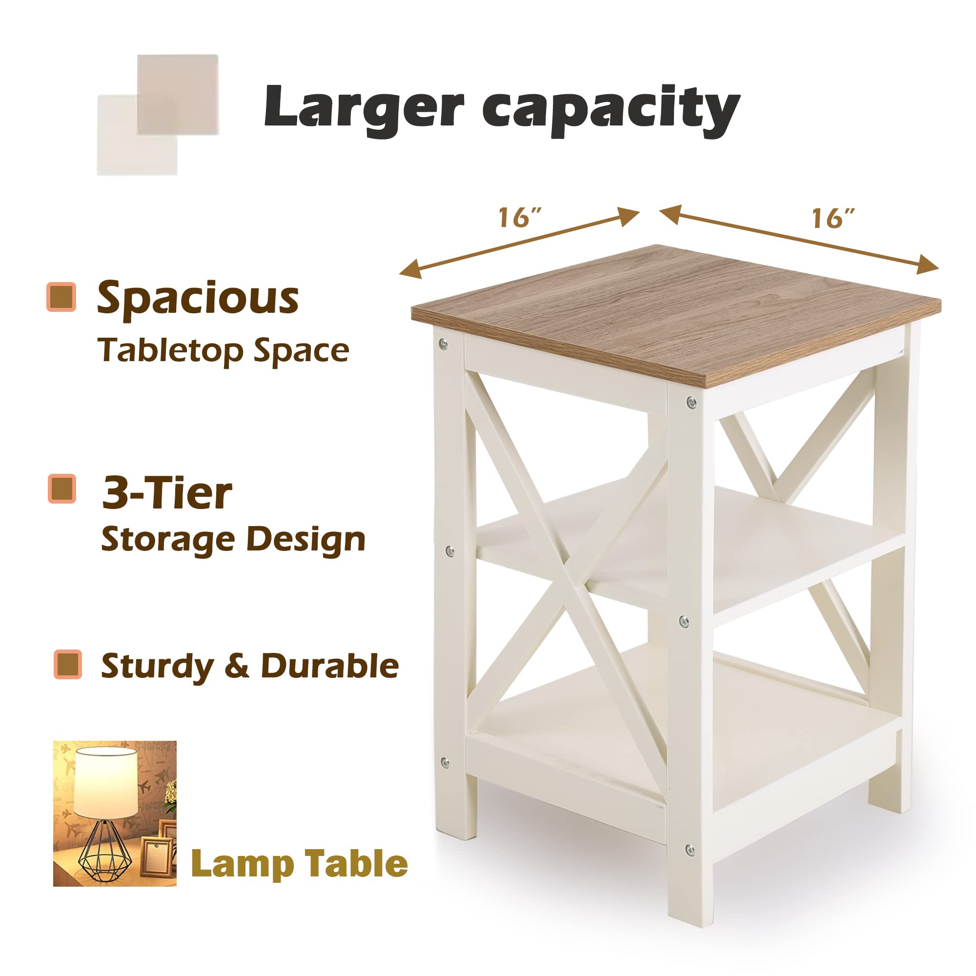 PHI VILLA Set of 2 Farmhouse End Tables - Ivory White Nightstand & Bedside Table for Living Room, Bedroom | Rustic Home Decor Accent Furniture for Small Spaces & Apartment