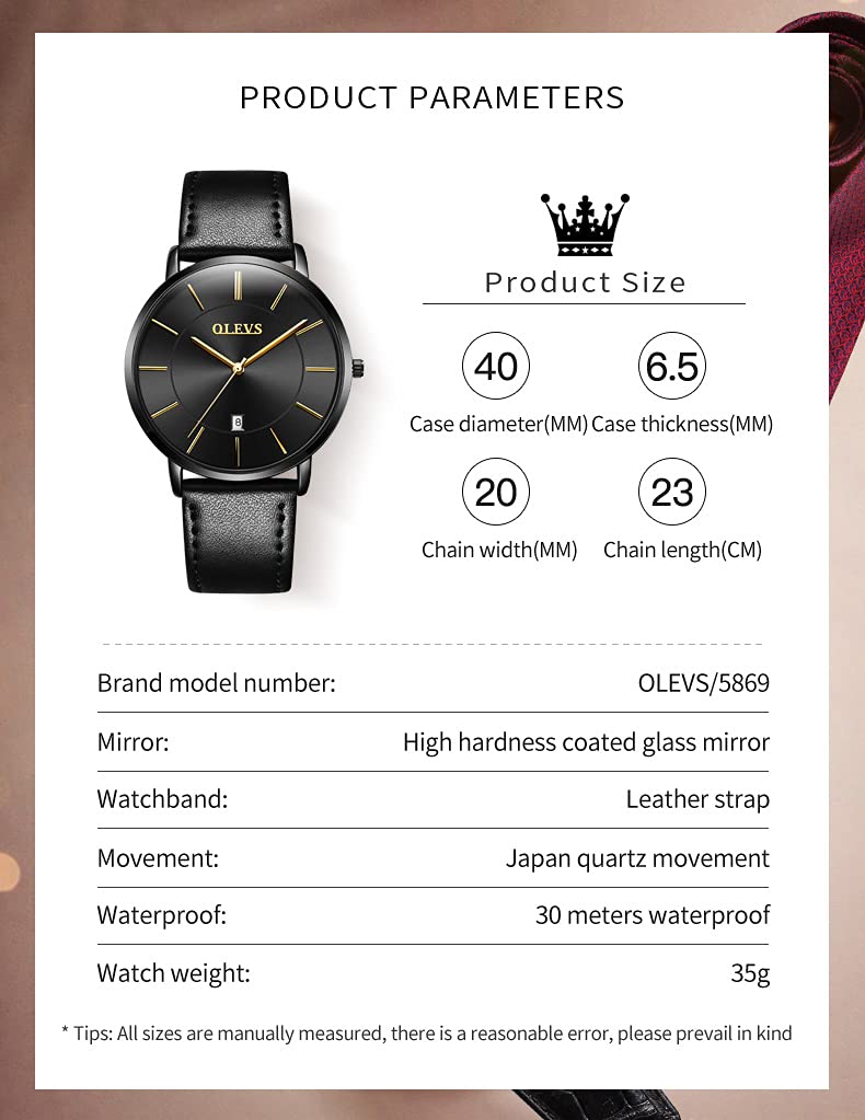 OLEVS Men's Ultra Thin Minimalist Dress Watch - Slim Analog Quartz Watch with Date, Big Face & Leather Band - Waterproof Casual Wristwatch for Business, Office & Formal Occasions