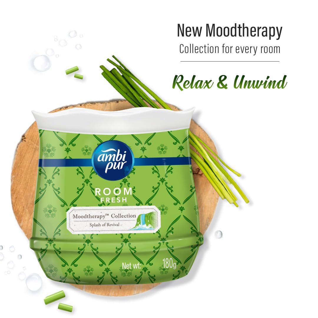 Ambi Pur Moodtherapy Collection Air Freshener Gel - Splash of Revival Lemongrass Scent, 180g | Long-Lasting Fragrance for Home, Office & Car | Eliminates Odors & Refreshes Air Naturally