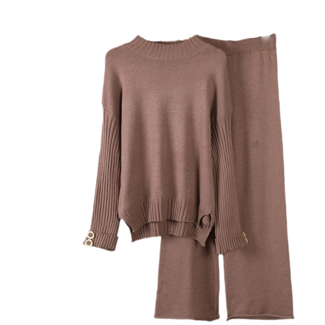 Soft Solid Knitted Women's Tracksuit Set - Button Front Sweater & Loose Pants 2-Piece Outfit | Winter Pullover Jogger Set for Lounge, Travel & Casual Wear