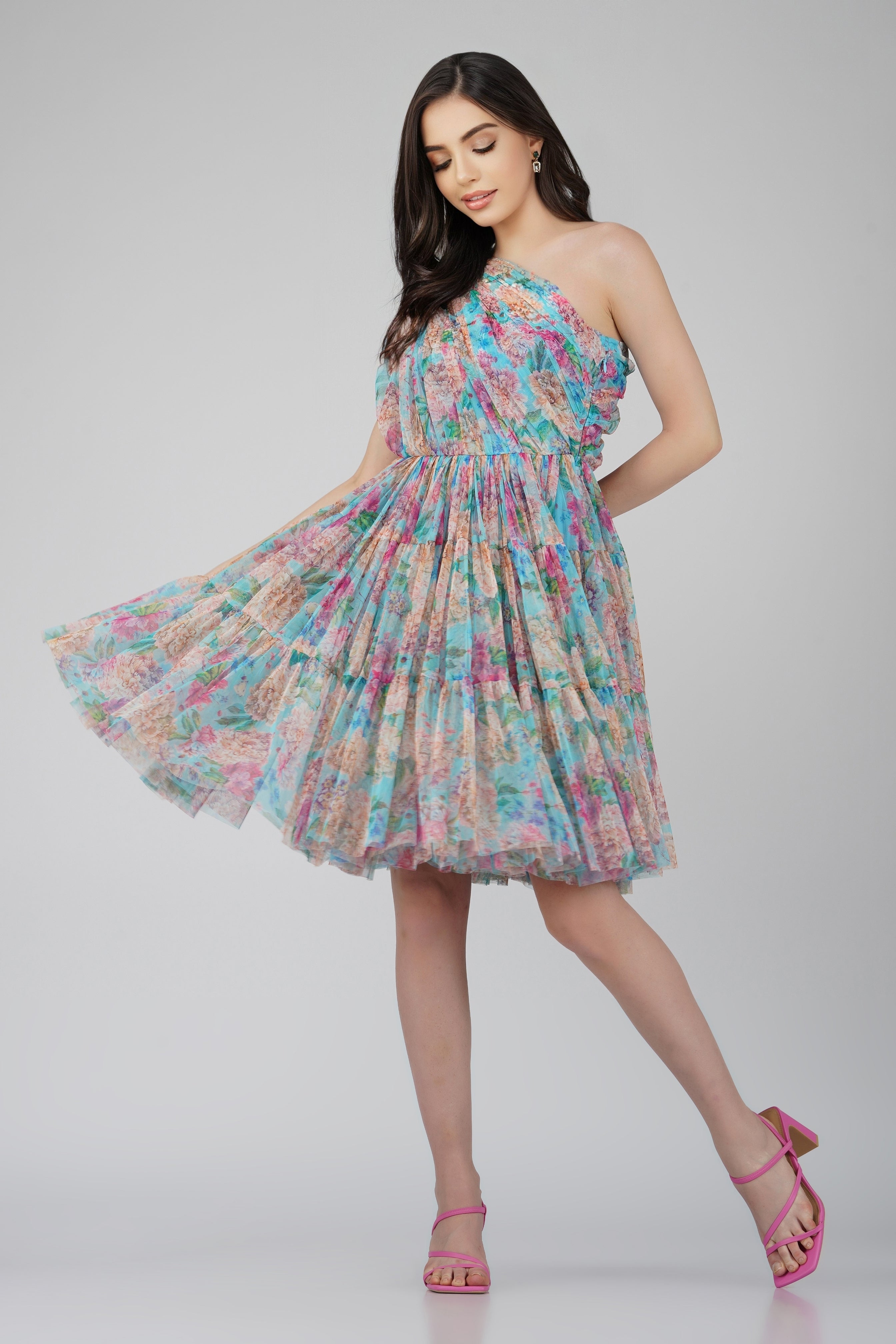 Roka Floral One Shoulder Mini Dress - Blue Summer Party Dress for Women, Perfect for Beach Vacations, Cocktail Parties & Date Nights