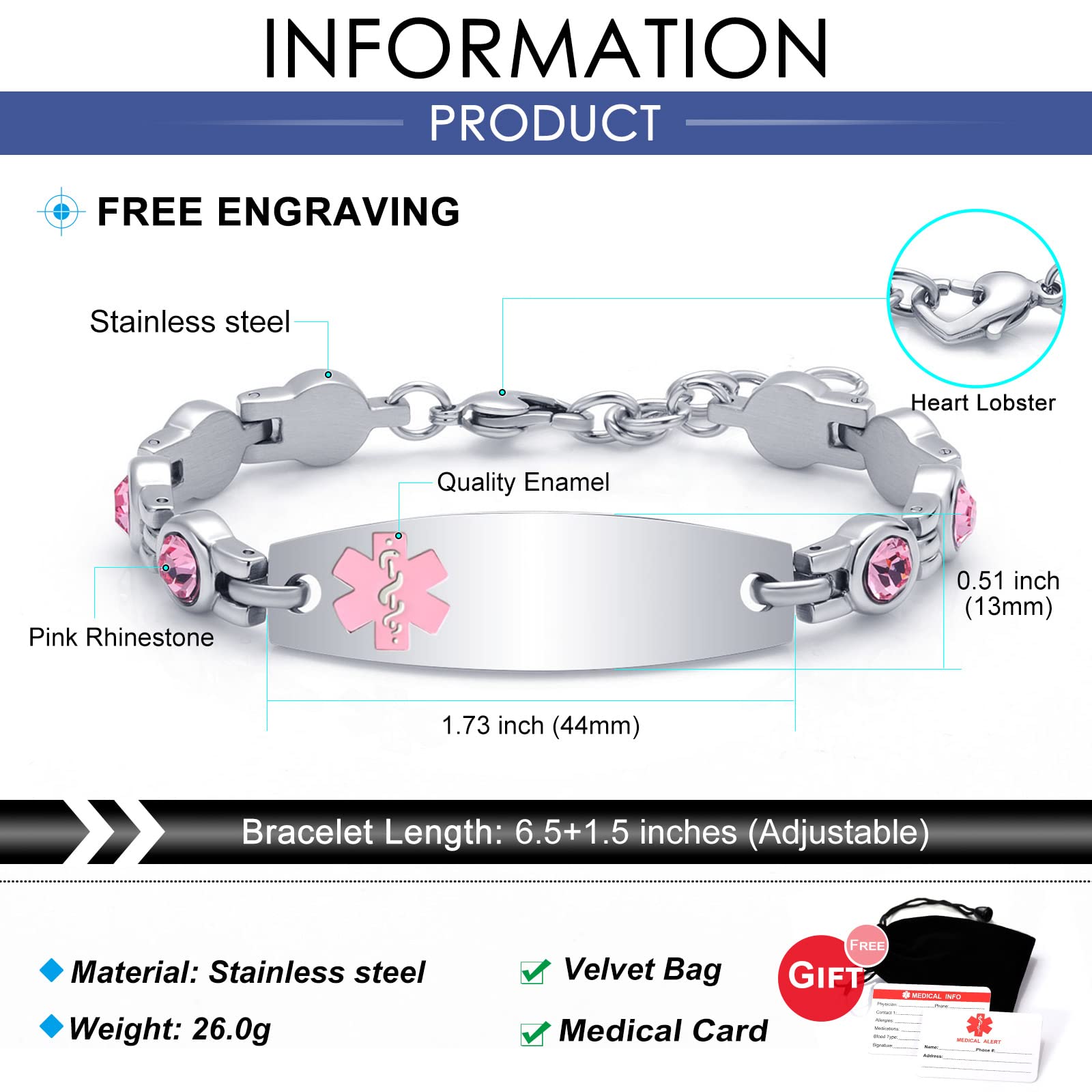 Custom Engraved Stainless Steel Medical Alert Bracelet for Women & Girls - Free Personalization with CZ Stones & Medical Card - Perfect for Allergies, Diabetes, Heart Conditions & Emergency Identification