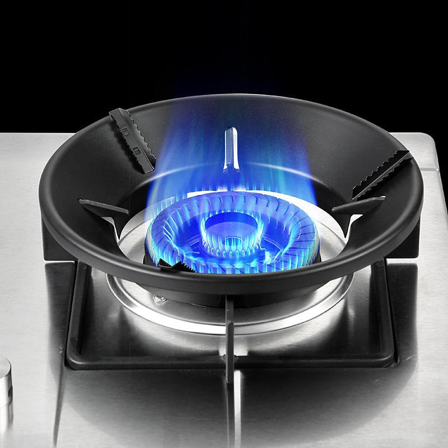 360° Windproof Gas Burner Stand for Stove - Round Kitchen Gas Saver Burner Stand with Free 2 Scrunchies (Black, 2-Pack) | Perfect for Outdoor Camping & Indoor Cooking