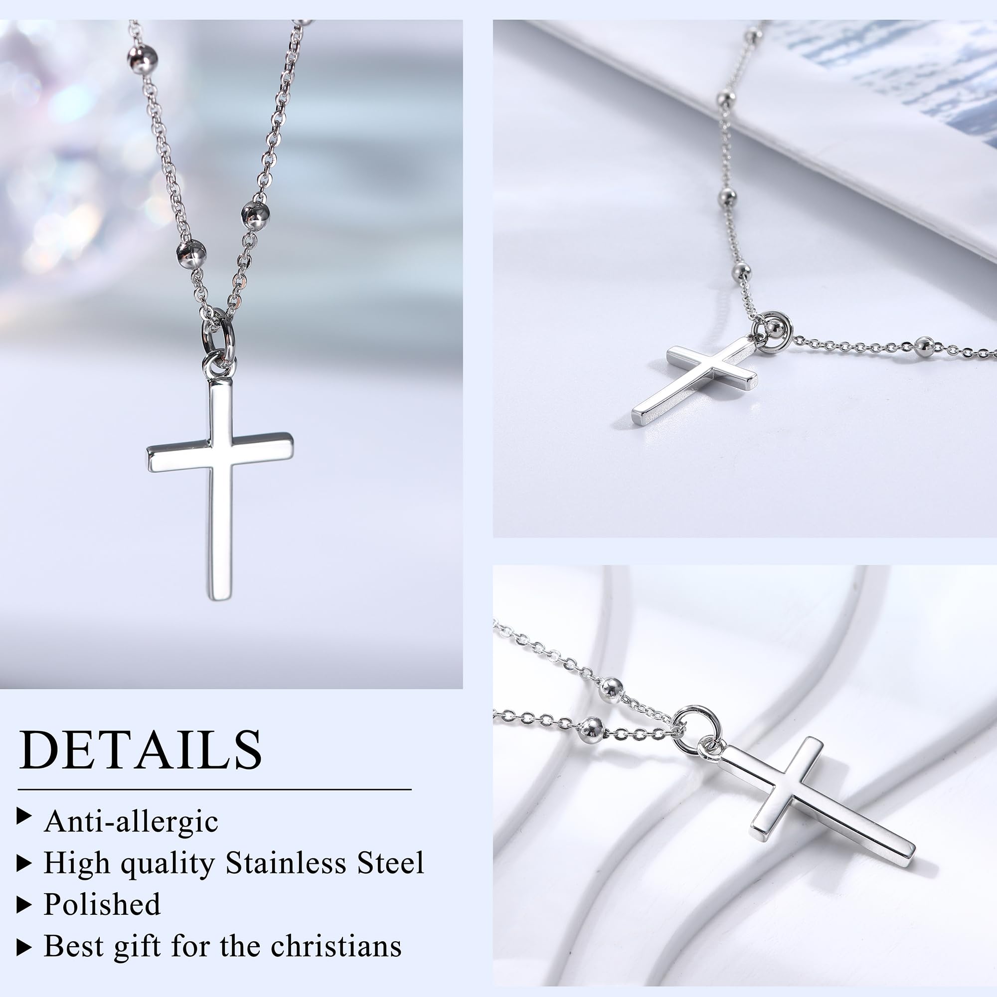 KALVICA Tiny Silver Cross Pendant Necklace for Women & Girls - Dainty Beaded Chain with Faith, Hope & Love Charm - Perfect Christian Jewelry Gift for Baptism, Confirmation & Everyday Wear
