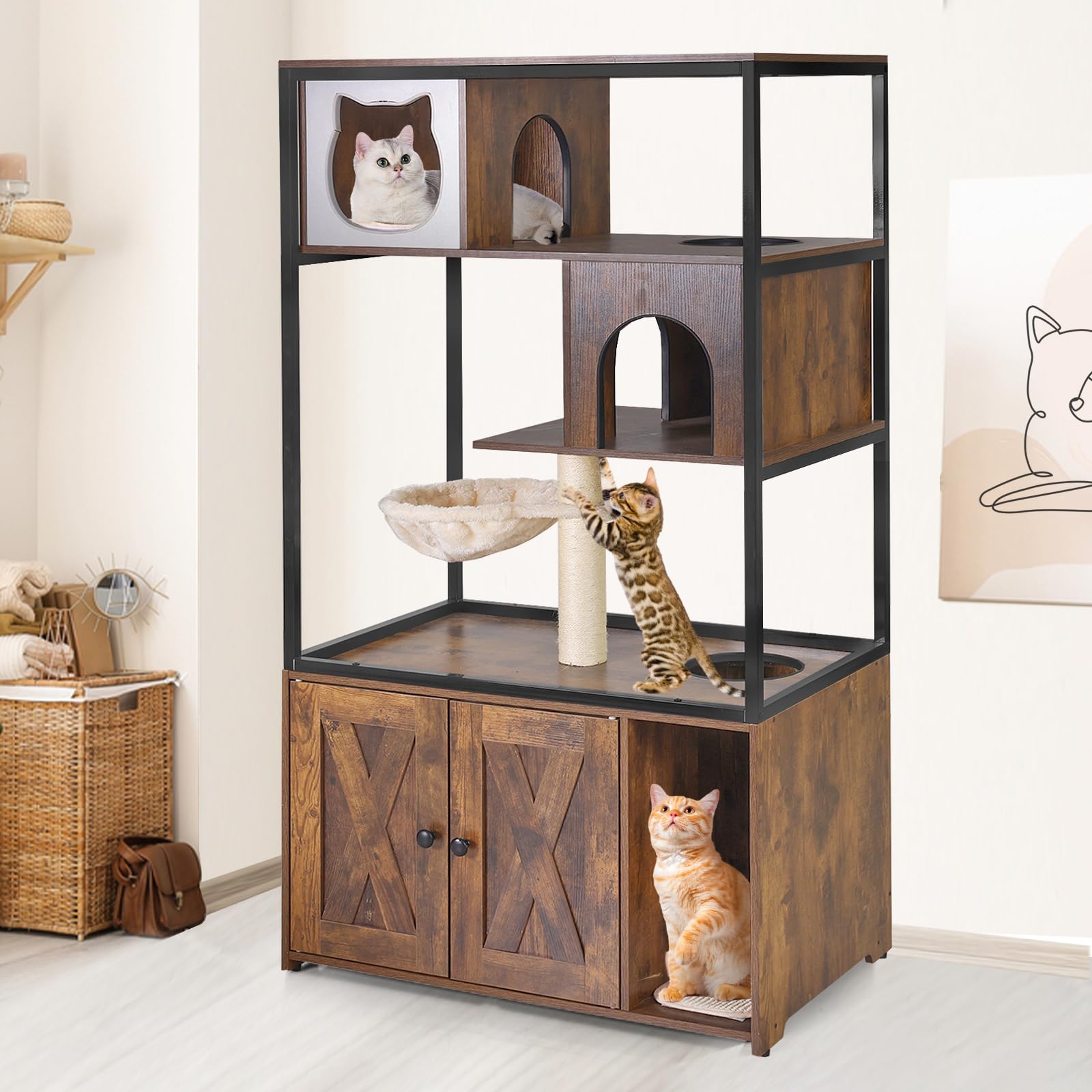 Hidden Cat Litter Box Enclosure Furniture with Metal Frame & Barn Door - Wooden Kitty House Washroom for Large Cats - Fits Most Litter Boxes (Medium, Natural Wood) - Perfect for Living Rooms, Bedrooms & Home Decor