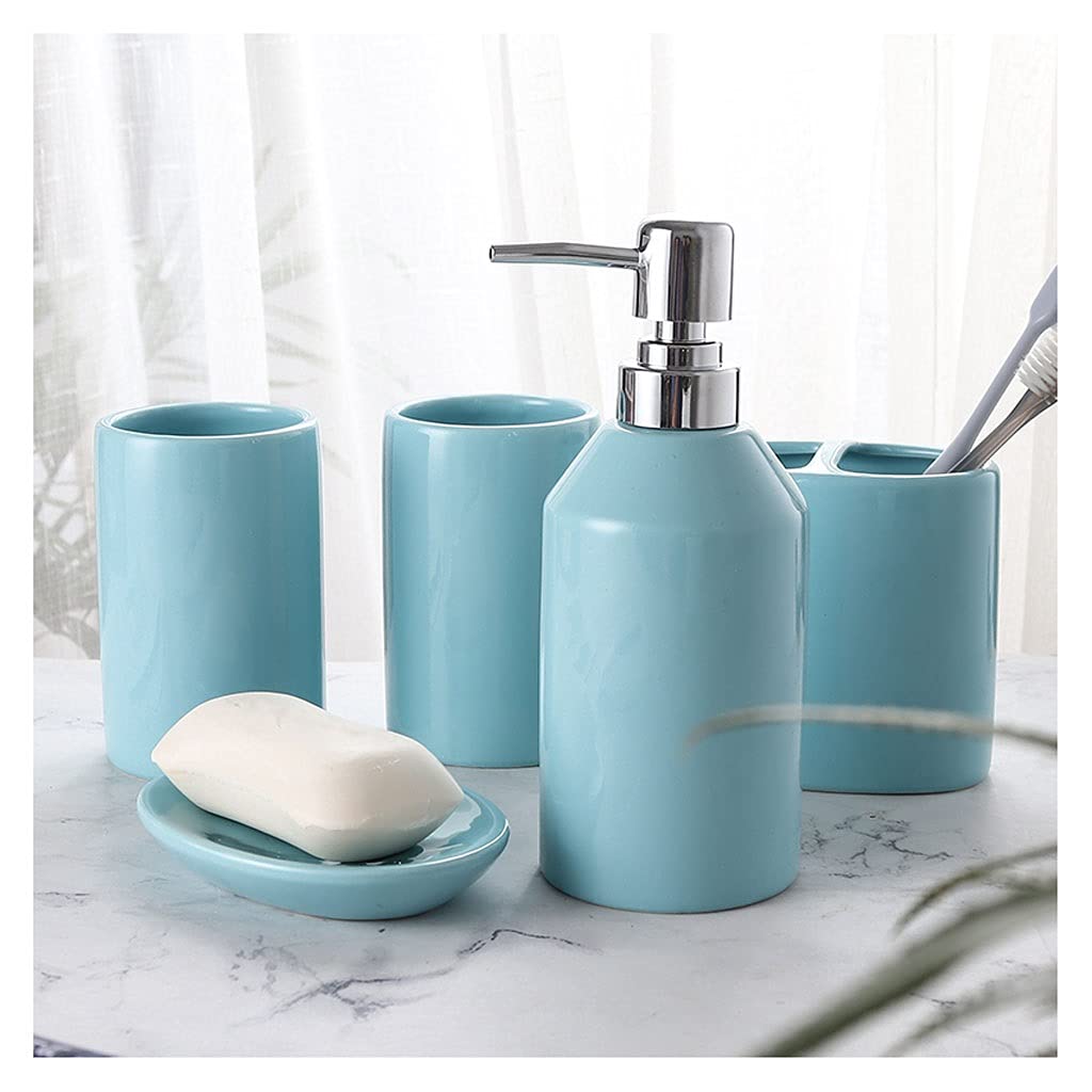 Ceramic Soap Dispenser Set - 5 Piece Bathroom Accessories Kit with Lotion Dispenser, Toothbrush Holder, Soap Dish & Tumblers | Hand Soap Dispenser for Bathroom & Kitchen | Modern Blue Bathroom Decor