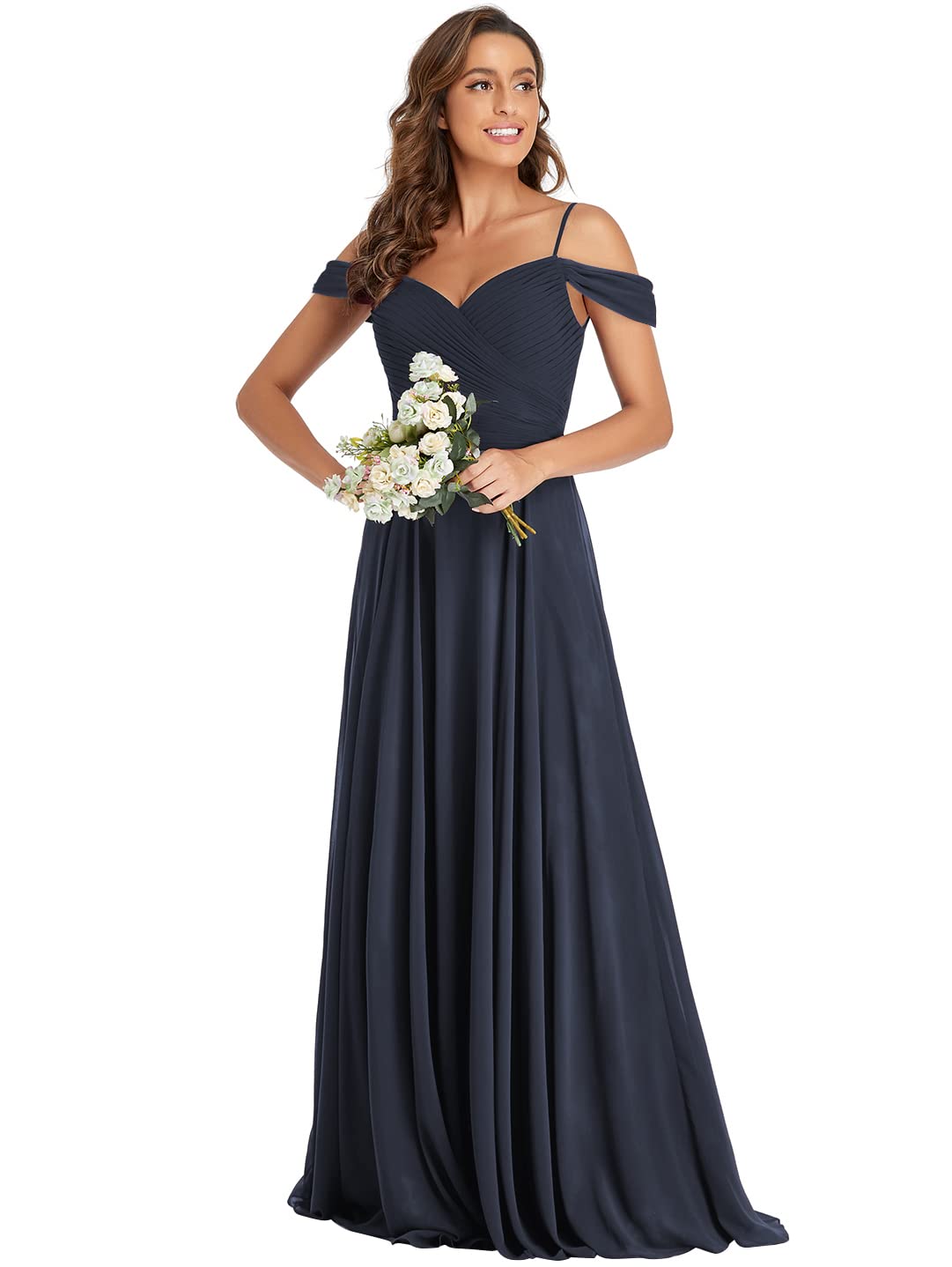 MARSEN Navy Blue Long Bridesmaid Dresses for Wedding, Off-The-Shoulder Chiffon Formal Gown, Prom & Evening Party Dress - Size 10 | Perfect for Bridal Showers, Formal Events & Special Occasions