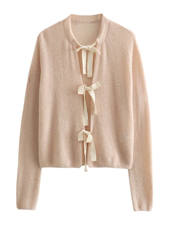 Elegant Knitted Bow Tie Cardigan for Women - Stylish Fall & Winter Layering Piece for Office, Date Night & Casual Outings