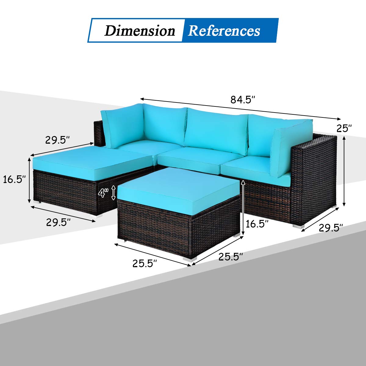 COSTWAY 5-Piece Outdoor Patio Furniture Set - PE Rattan Sectional Sofa with Cushions & 2 Ottomans, Waterproof Garden Conversation Set for Backyard, Deck, Poolside (Turquoise Blue) | Perfect for Outdoor Relaxation & Entertaining