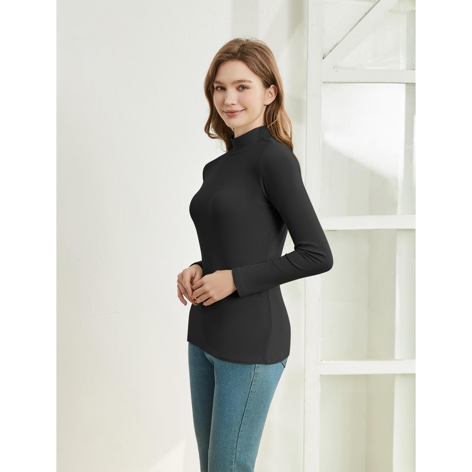 Women's Long Sleeve Mock Turtleneck Ribbed Knit Tops - Slim Fit Basic Shirts for Layering, Work, and Casual Wear | Tight Undershirts for Everyday Comfort