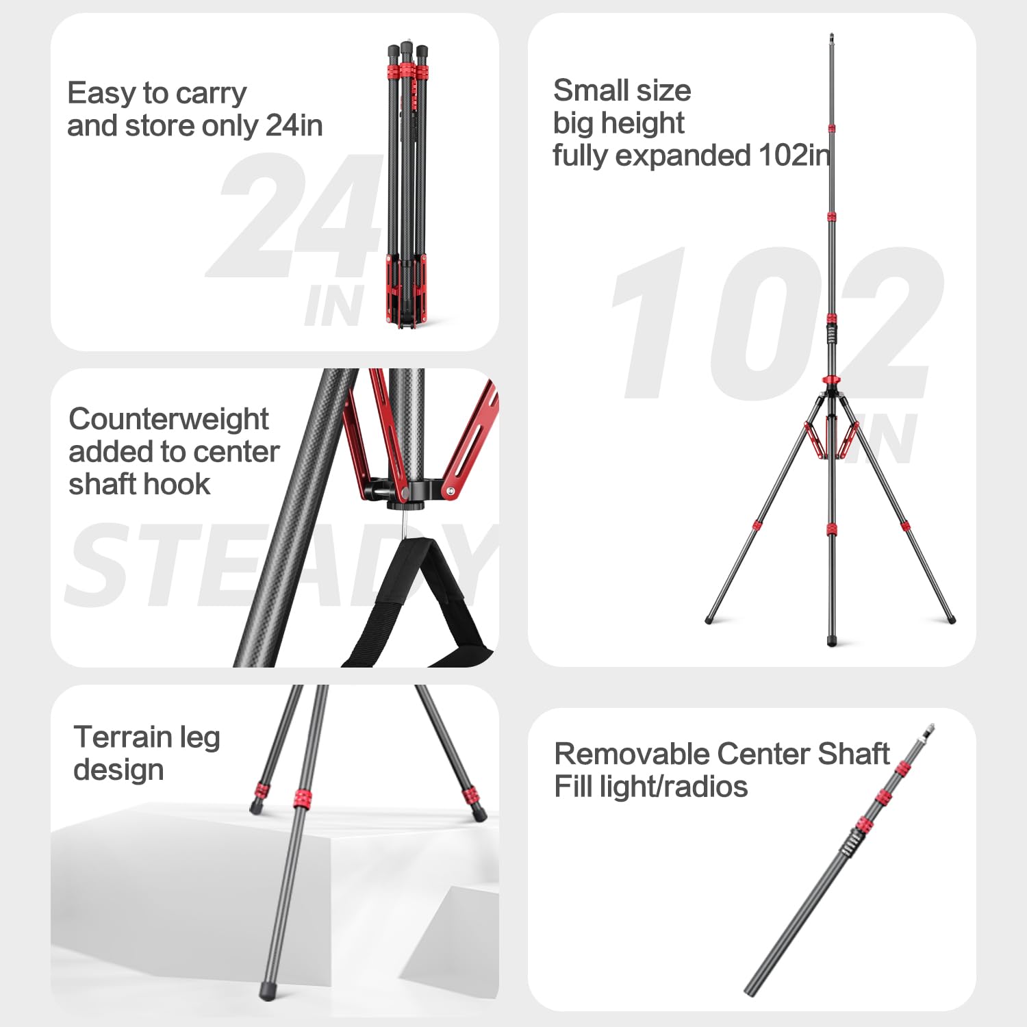 Carbon Fiber Light Stand - Adjustable 260cm/102in Photography Tripod for Studio, Speedlite Flash, Softbox & Strobe Lights | Heavy Duty Camera Stand with Carrying Bag | Perfect for Portrait, Product & Indoor Photography