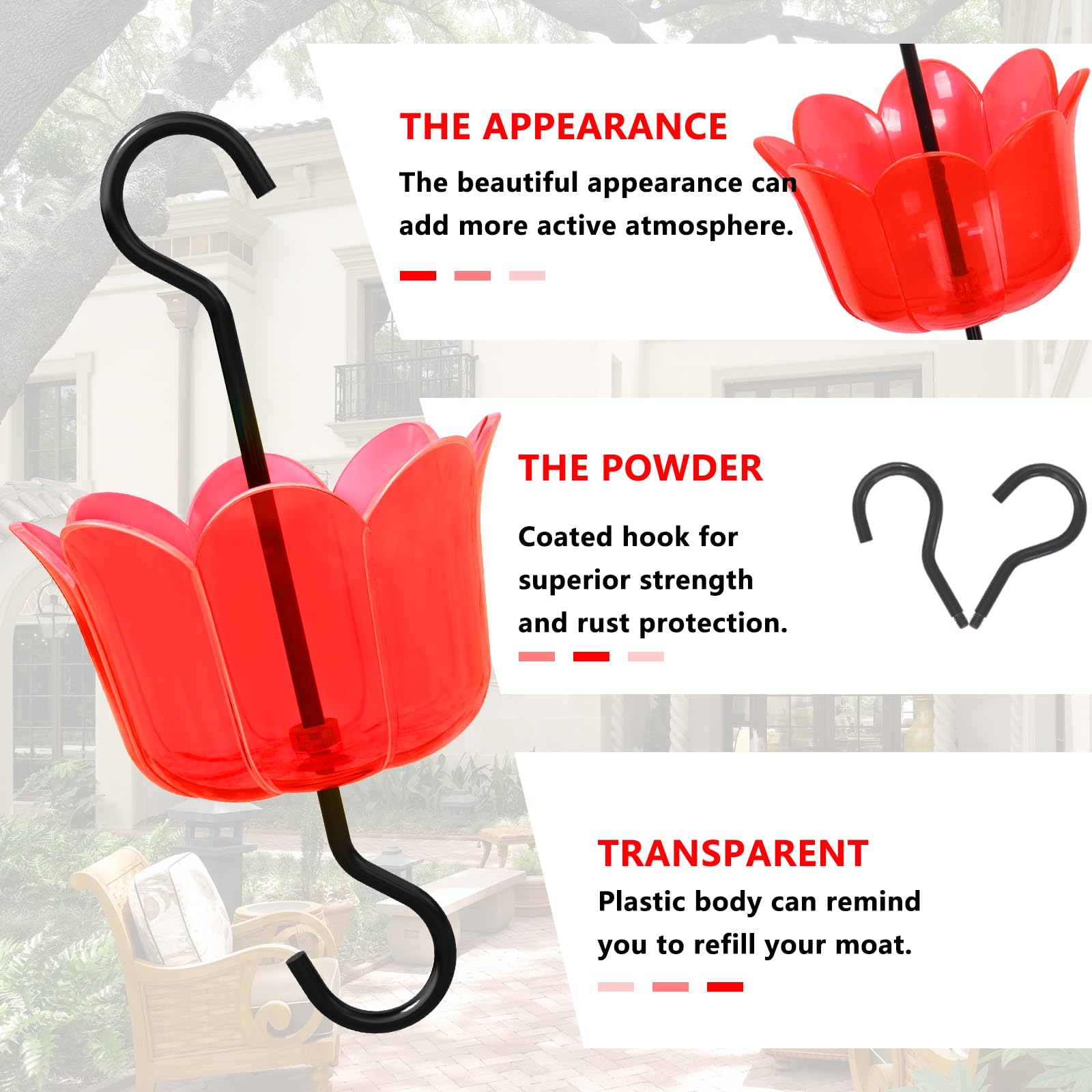 6 OZ x 2 Ant Moat for Hummingbird Feeders - Red Flower Ant Guard with 2 Rustproof S Hooks & Cleaning Brushes | Durable Plastic & Metal Hummingbird Feeder Accessories | Perfect for Outdoor Bird Watching & Garden Decoration
