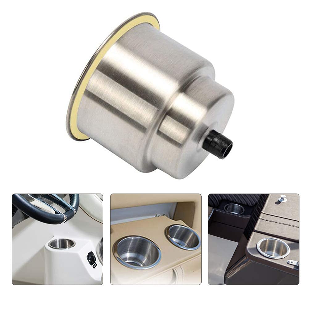 Stainless Steel Cup Holder Inserts (2 Pack) - Brushed Bottle Holders with Drain for Marine Boat, Yacht, Truck, RV & Car Seat - Perfect for Road Trips, Boating & Outdoor Adventures