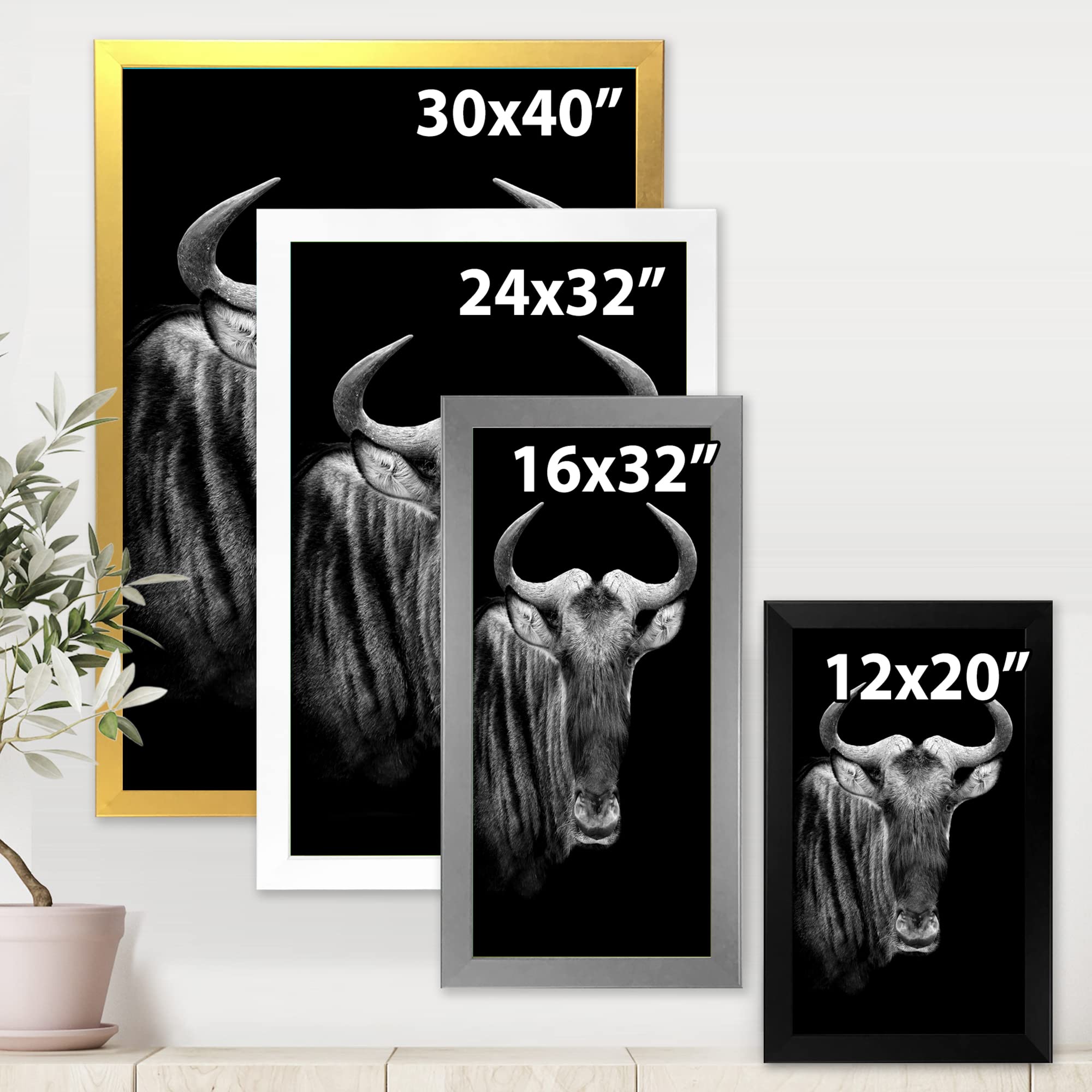 DesignQ Black and White Wildebeest Portrait - Farmhouse Style Framed Wall Art for Living Room, Bedroom & Office Decor