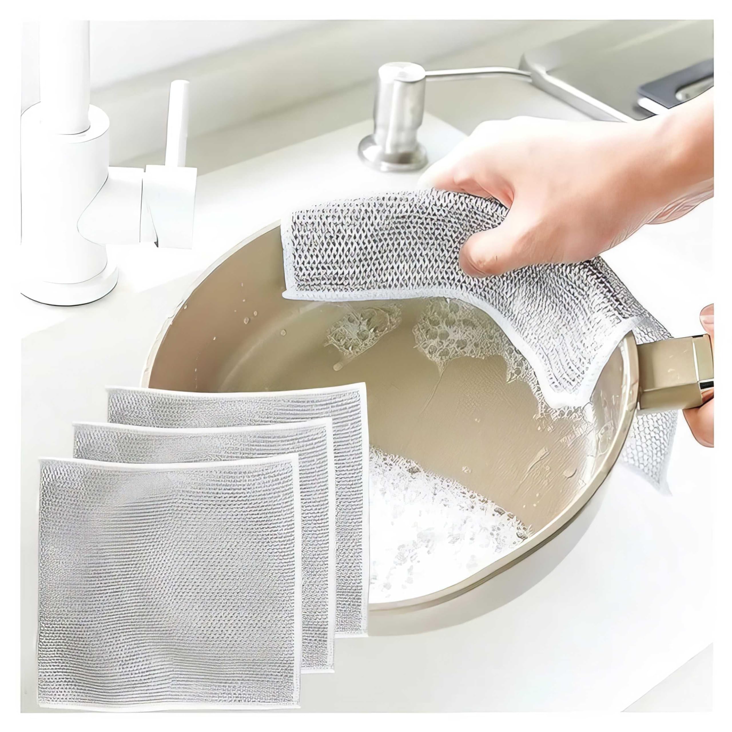 DOOMSDAY Non-Scratch Wire Dishcloth - Reusable Dishwashing Rags for Wet & Dry Cleaning - Easy Rinse Kitchen Scrubber for Pots, Pans, Stainless Steel & Countertops (3-Pack) - Perfect for Daily Dishwashing & Tough Stain Removal