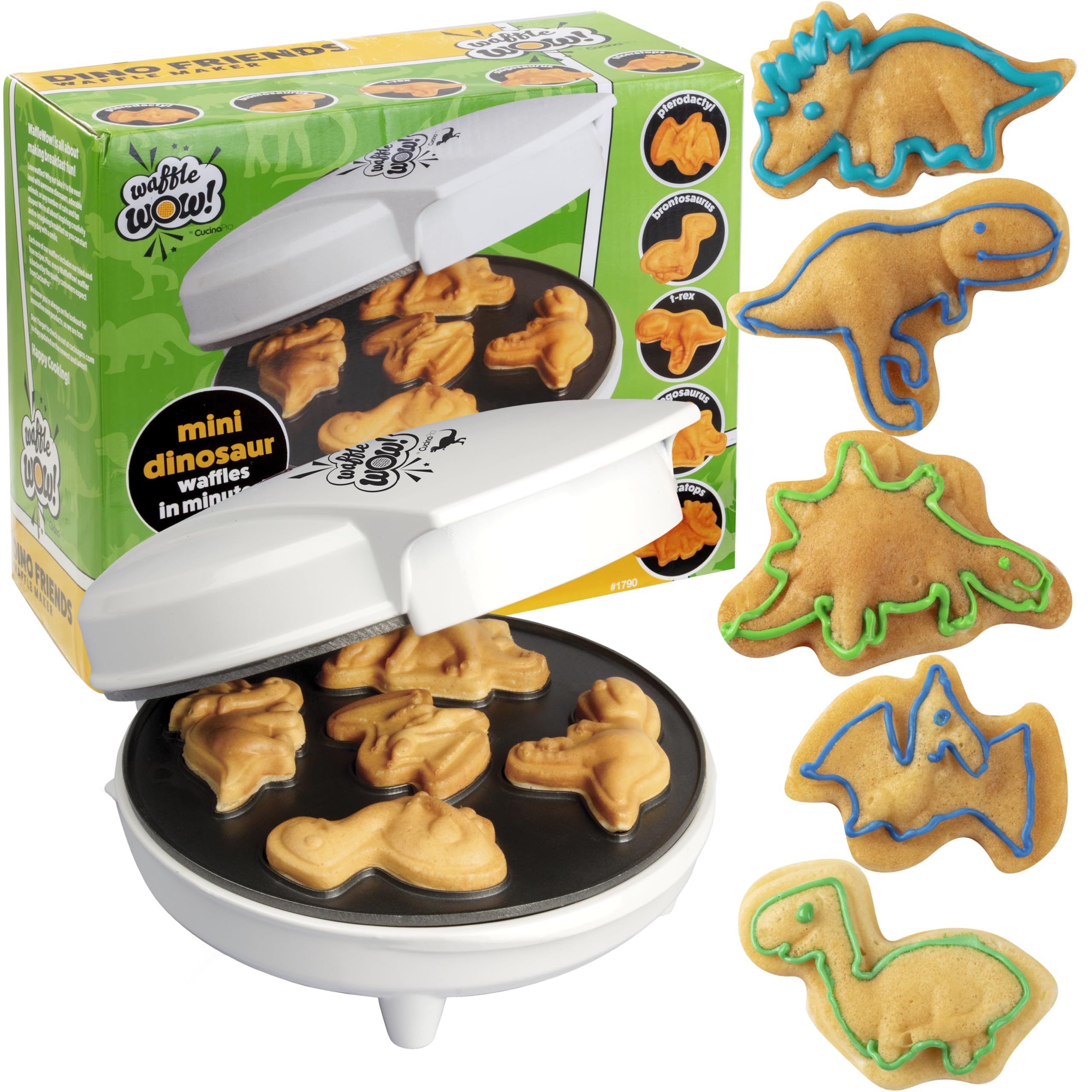 Dinosaur Mini Waffle Maker - 5 Unique 3D Dinosaur Shapes - Fast & Easy Electric Non-Stick Waffle Iron for Kids & Adults - Perfect for Easter Breakfast, Birthday Parties & Fun Family Desserts - Includes Recipe Book & Gift Box