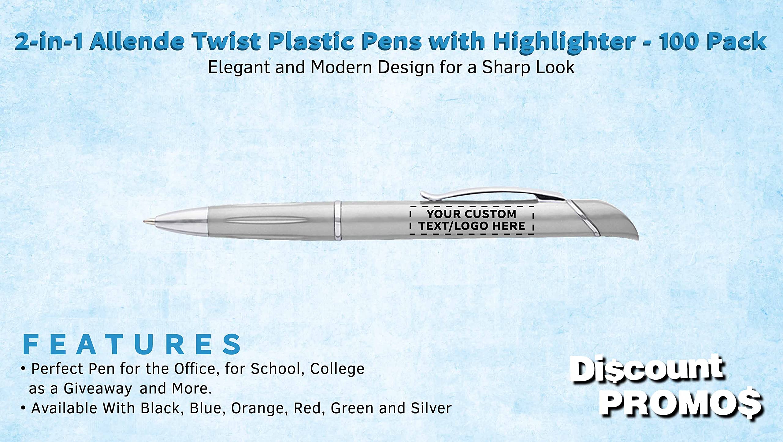 100 Pack Allende Twist Plastic Pens with Highlighter - Custom Text & Logo Printing - Durable Black Ink Ballpoint Pens for Office, School & Business Promotions - Bulk Promotional Pens for Corporate Gifts & Events