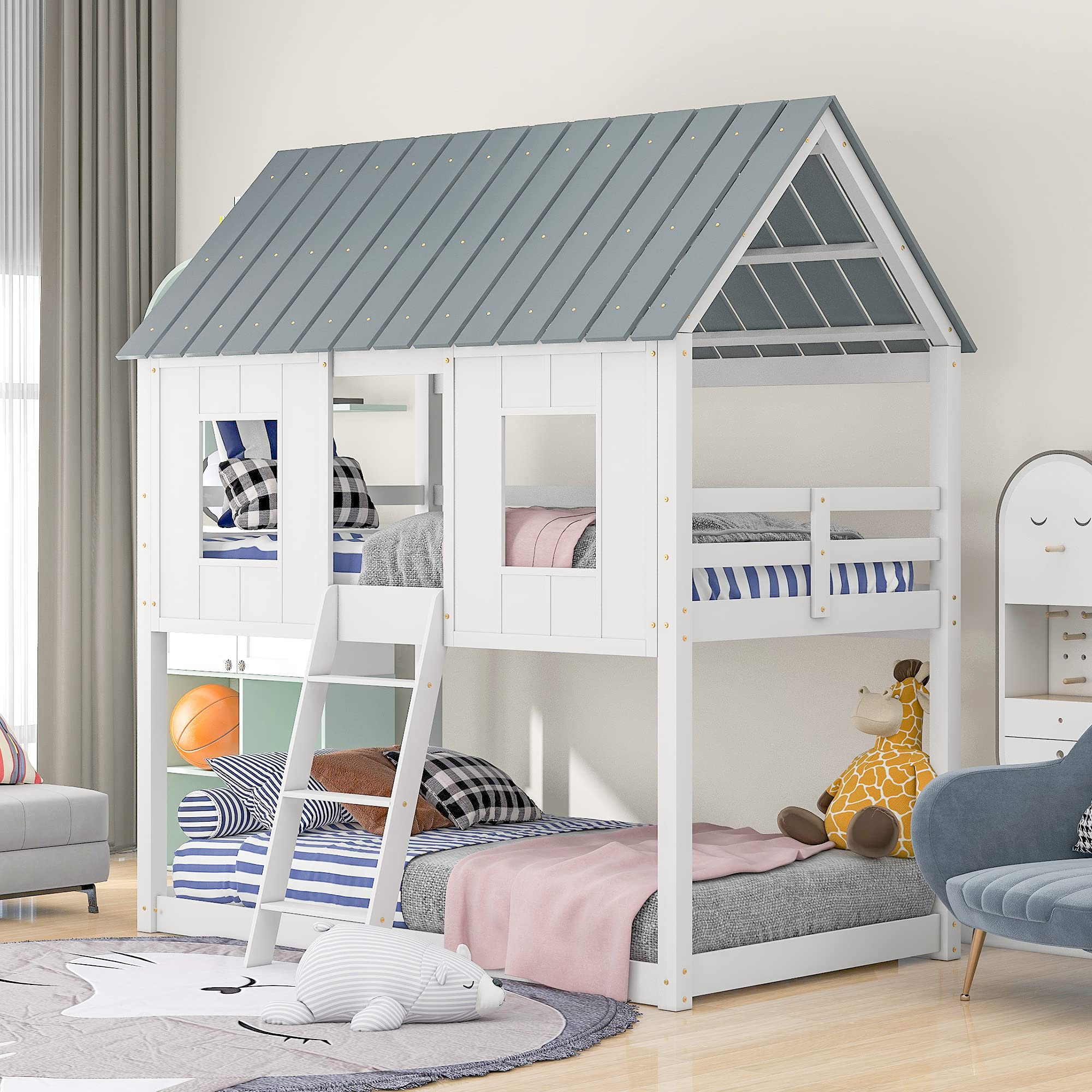 P PURLOVE Twin Over Twin Wooden Bunk Bed with Roof - White & Gray House-Style Bunk Bed with 2 Windows & Safety Guardrail - Perfect for Kids' Bedrooms, Guest Rooms & Space-Saving Solutions
