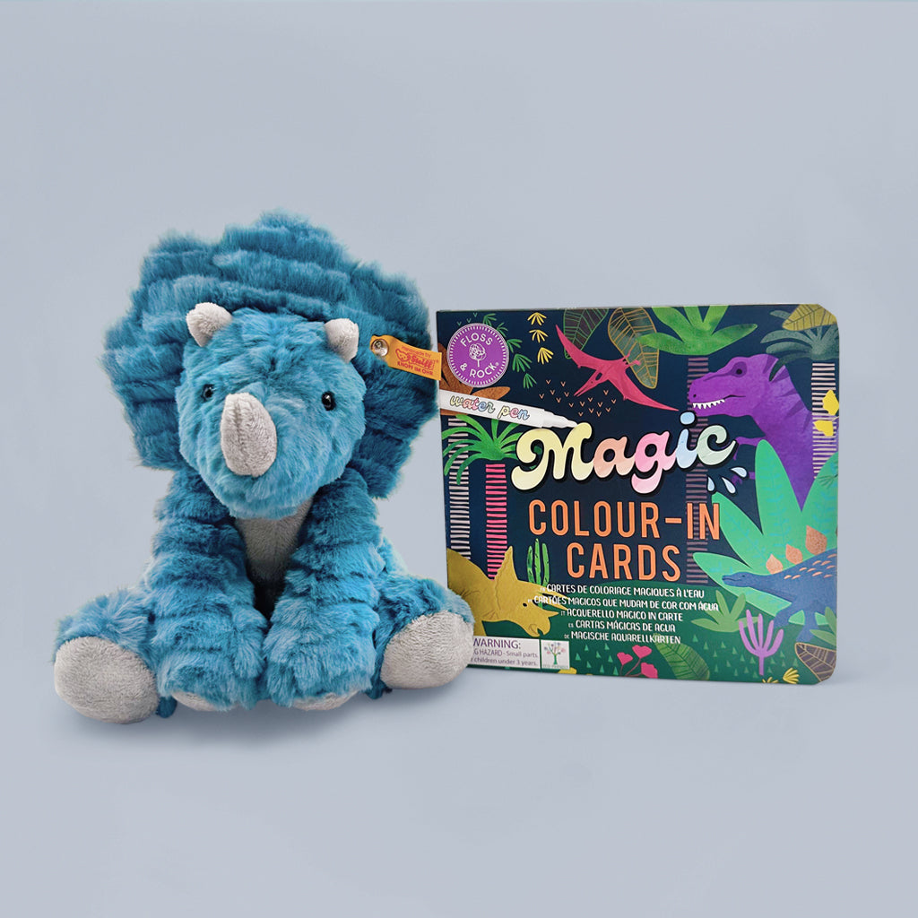 Steiff Dixi Triceratops Dinosaur Plush Toy with Floss & Rock Magic Color-In Cards - Perfect for Kids' Playtime, Gifts, and Dinosaur-Themed Parties