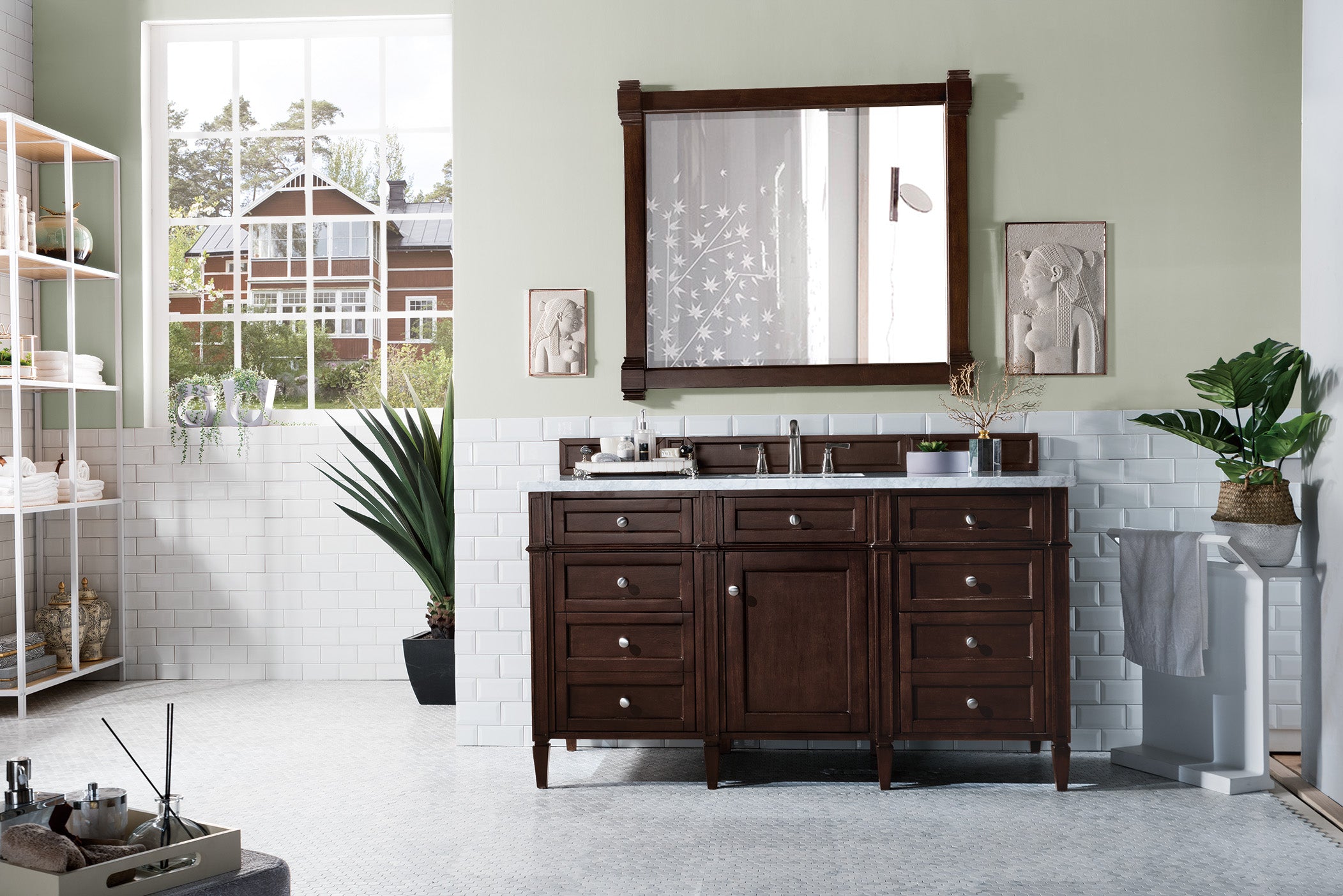 Brittany 60-Inch Burnished Mahogany Bathroom Vanity with 3CM Carrara Marble Top - Perfect for Master Bathroom & Powder Room Remodeling