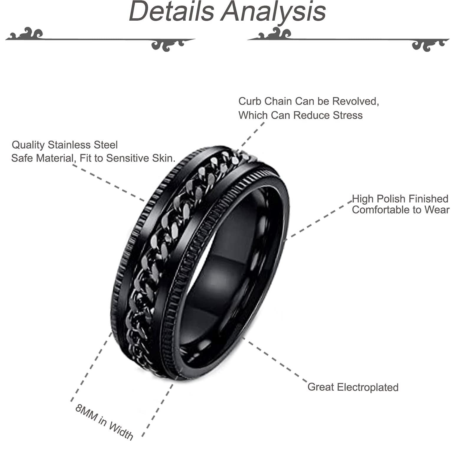 REVOLIA 9Pcs Stainless Steel Spinner Rings for Men & Women - Wedding, Promise, Fidget Rings (Size 7-13) for Stress Relief & Focus
