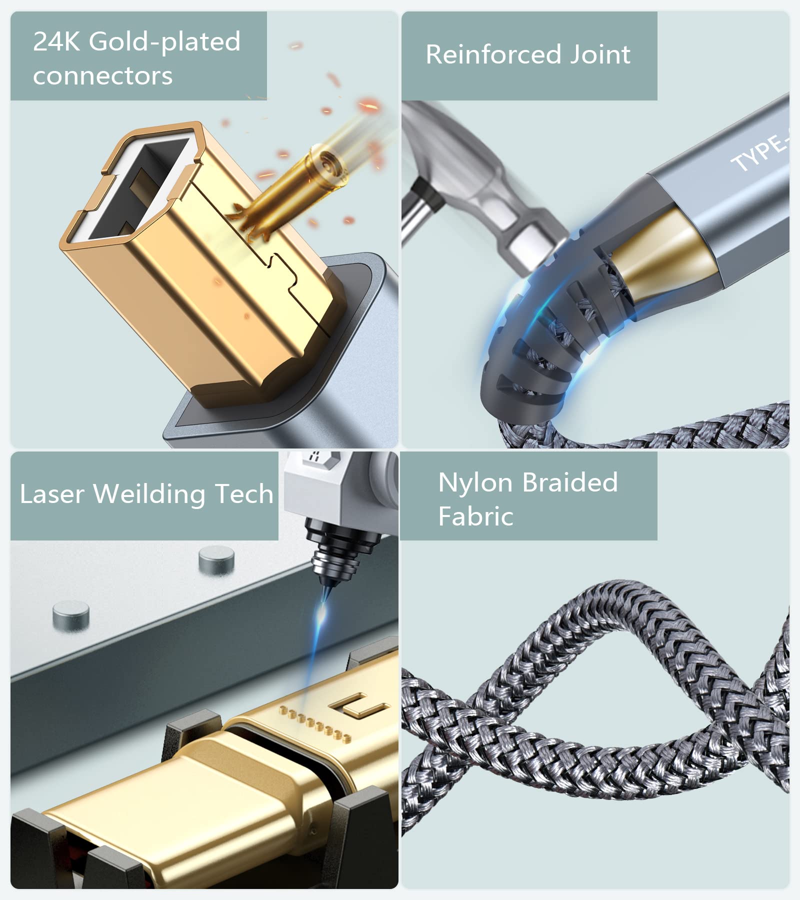 2-in-1 USB-A/C to USB-B Printer Cable 10FT - High Speed Braided USB C MIDI Cable for HP Canon Dell Epson Brother Samsung Printers, MacBook Pro/Air, Digital Pianos & MIDI Controllers - Durable Gray Cord for Home Office & Music Studio Use