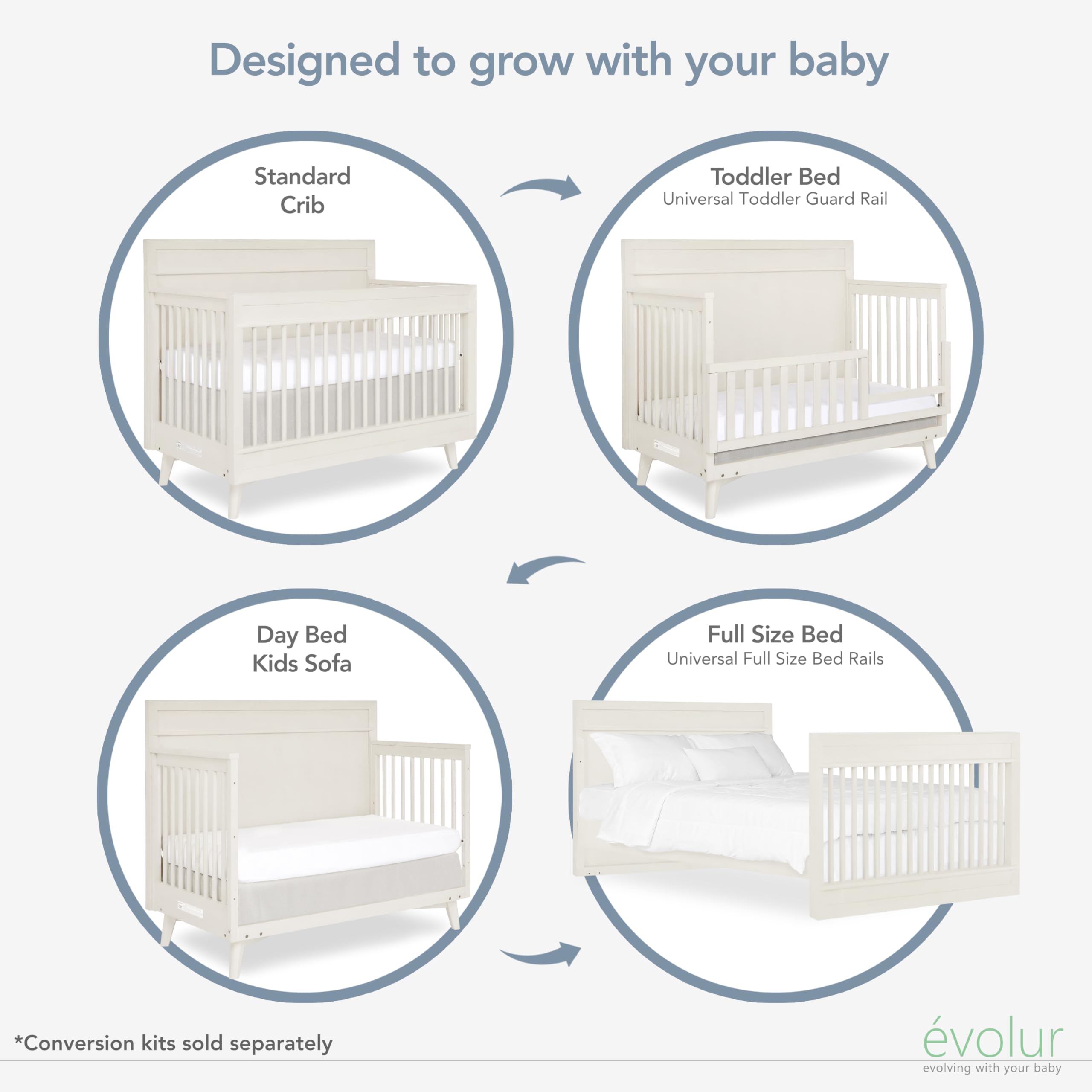 Evolur Convertible Wooden Crib to Full Size Bed with Safety Rail - Vanilla Bean Finish | Perfect for Nursery, Toddler Room & Growing Kids